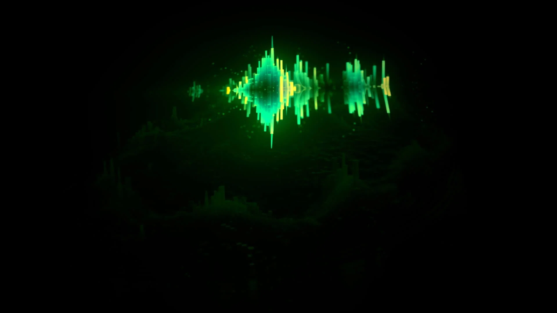 MUD Foundation XR Verse When Are You?, by José Hernández and Martin Carrillo, featuring a glowing green and yellow digital soundwave suspended in a dark space.