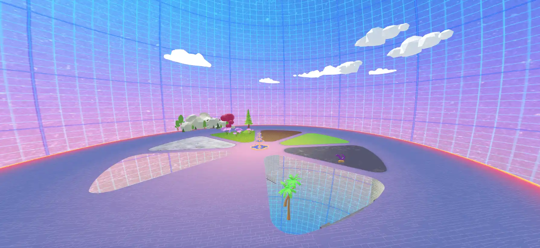 MUD Foundation XR Verse DreamCity, featuring a colorful virtual environment with a curved blue grid enclosure, floating clouds, small landscaped islands, trees, and abstract terrain forms.