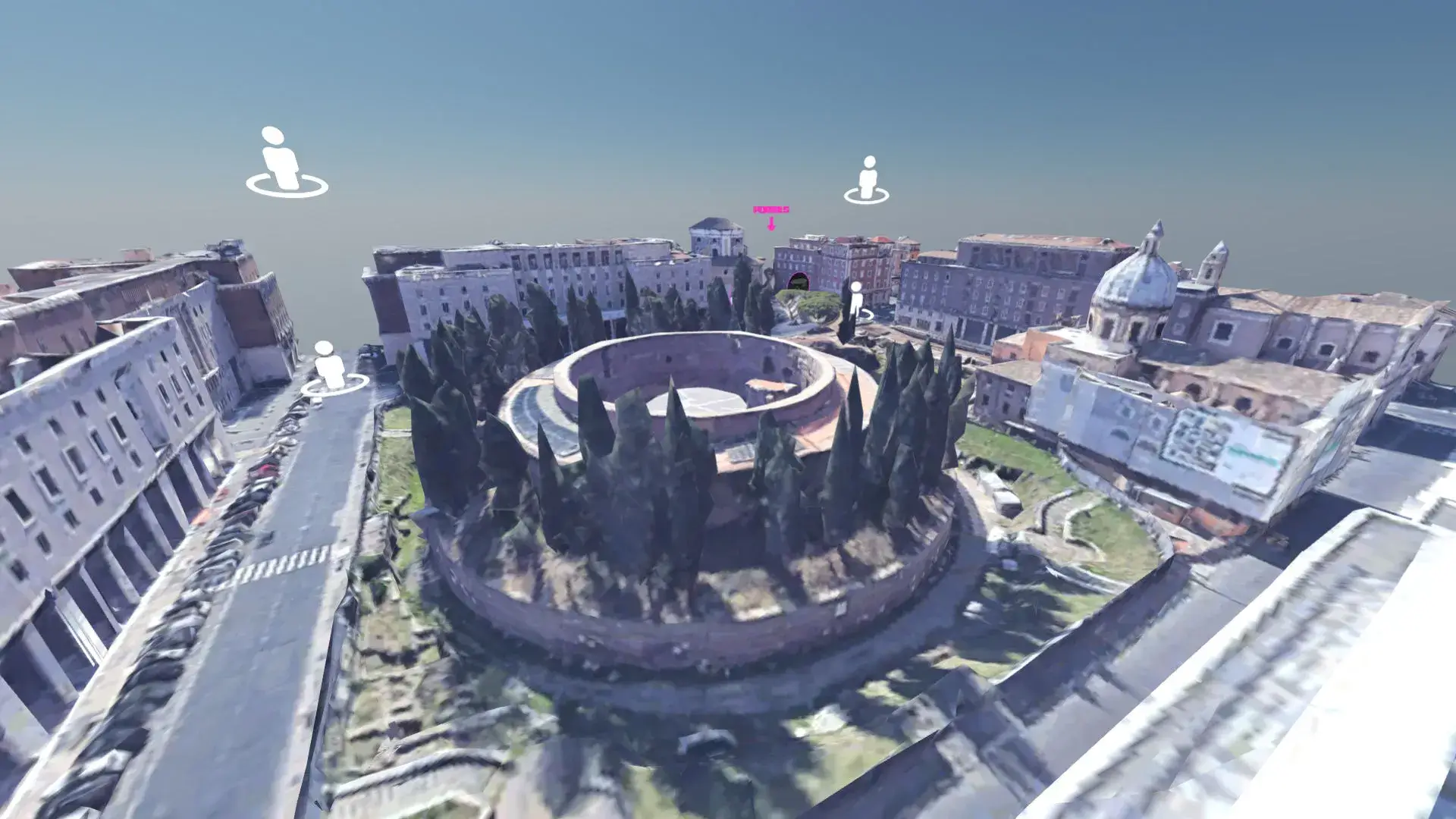 MUD Foundation XR Verse Pilgram: Naked Link 3.0 by Rodolfo Peraza, featuring an aerial view of a virtual city with a circular central structure, surrounding historic-style buildings, roads, trees, and floating user icons.