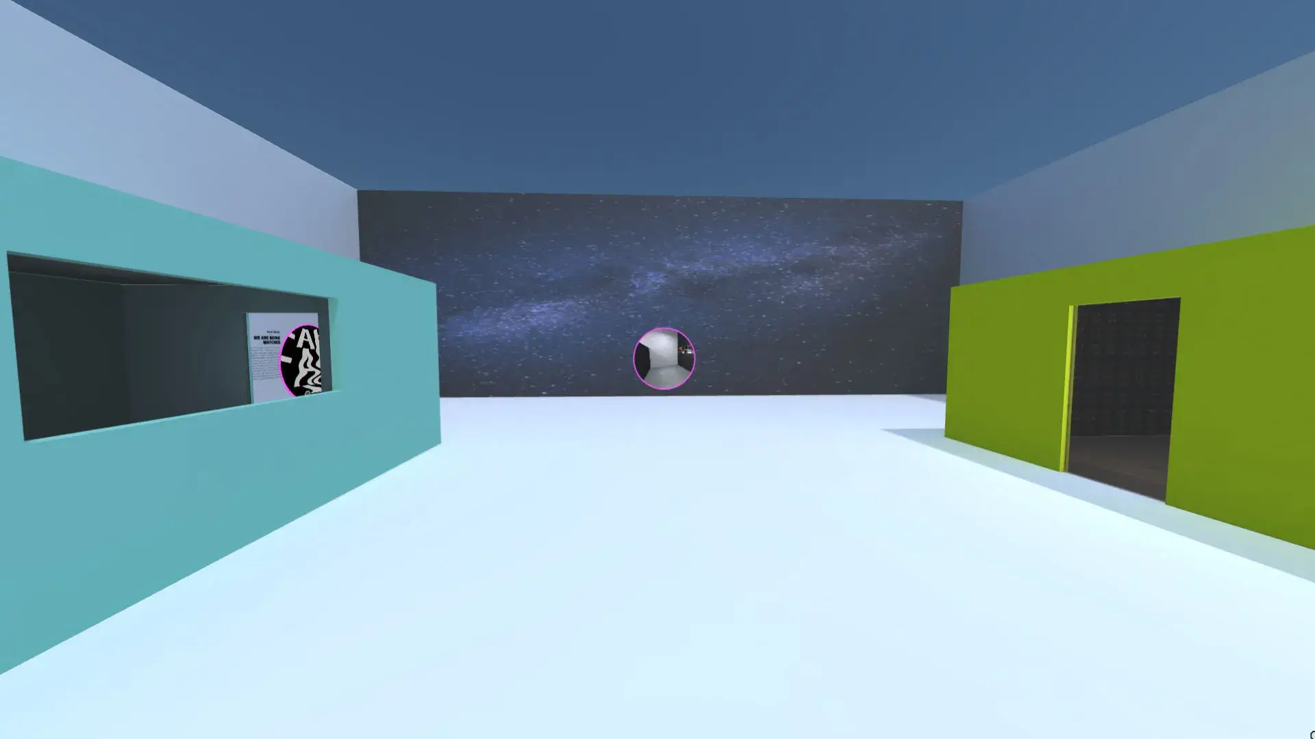 MUD Foundation XR Verse Trinity Metaverse, featuring a minimalist virtual gallery with turquoise and lime-green structures, a starry digital backdrop, and an artwork displayed on the wall.