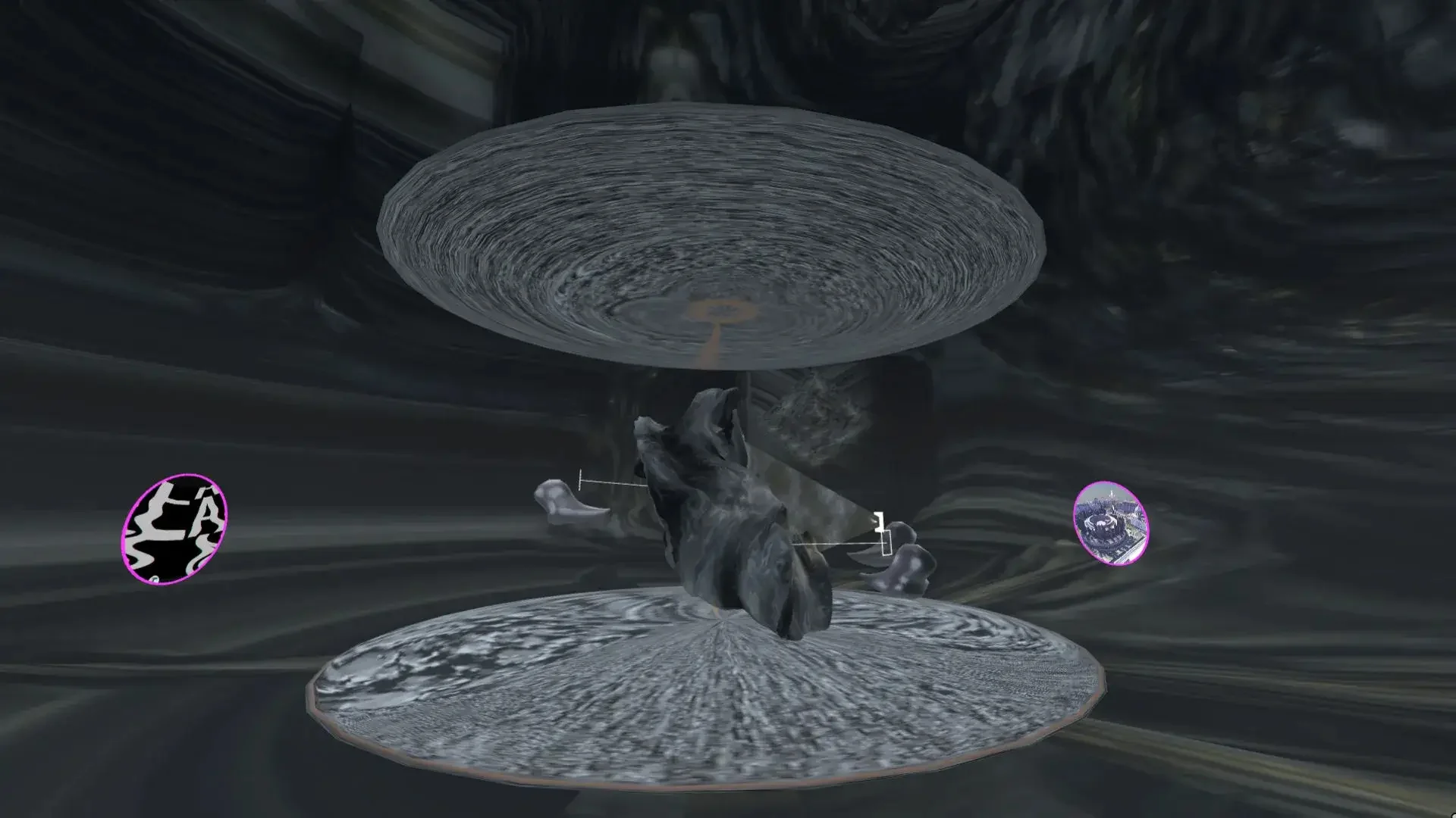 MUD Foundation XR Verse Intensity Testing, featuring a dark virtual environment with a large circular textured platform, a suspended disc, and a central abstract sculptural form surrounded by interactive interface elements.