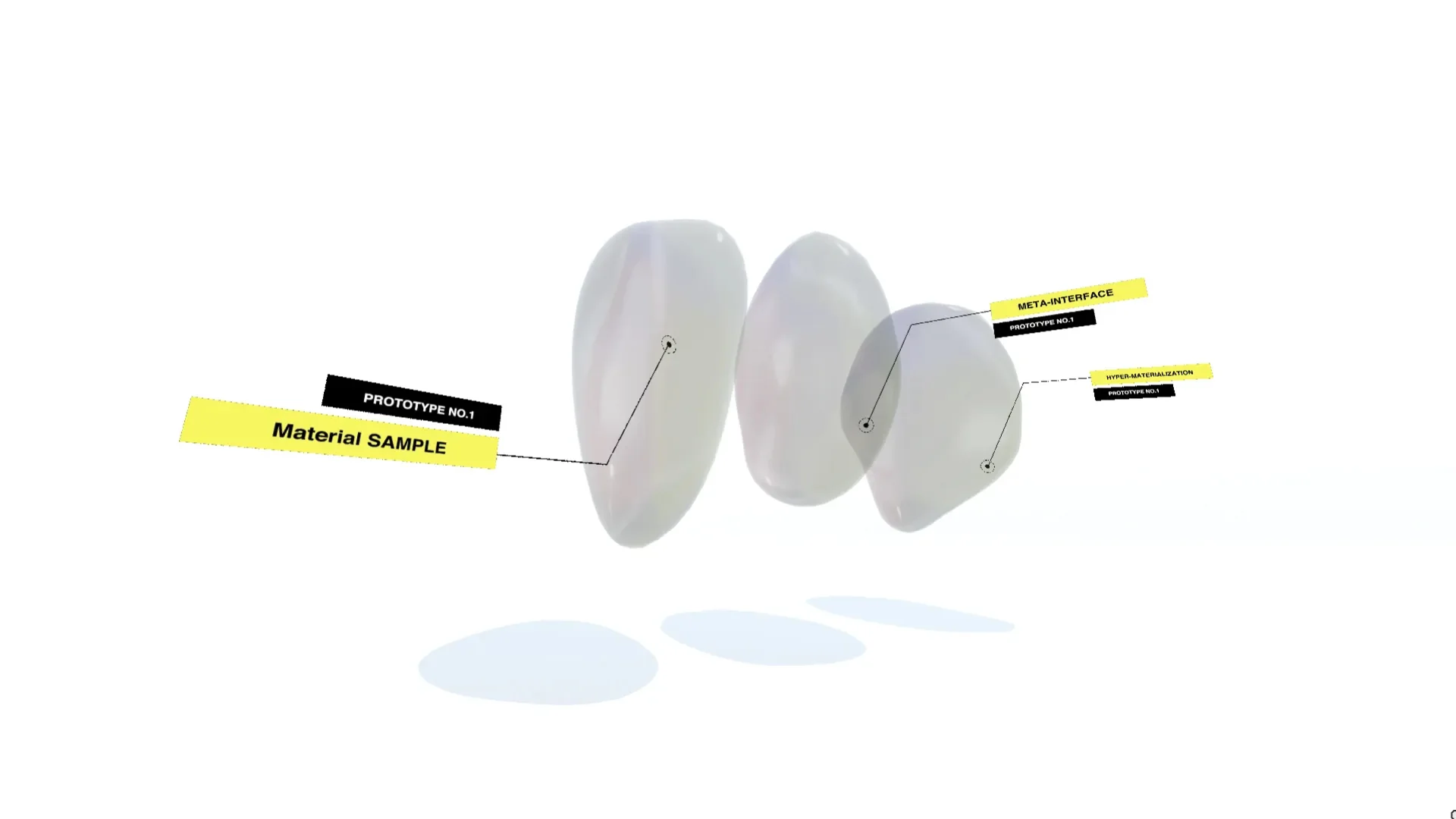 MUD Foundation XR Verse Interfacing Actuality, featuring three translucent sculptural forms presented as material samples with labeled prototypes for a meta-interface and hyper-materialization.