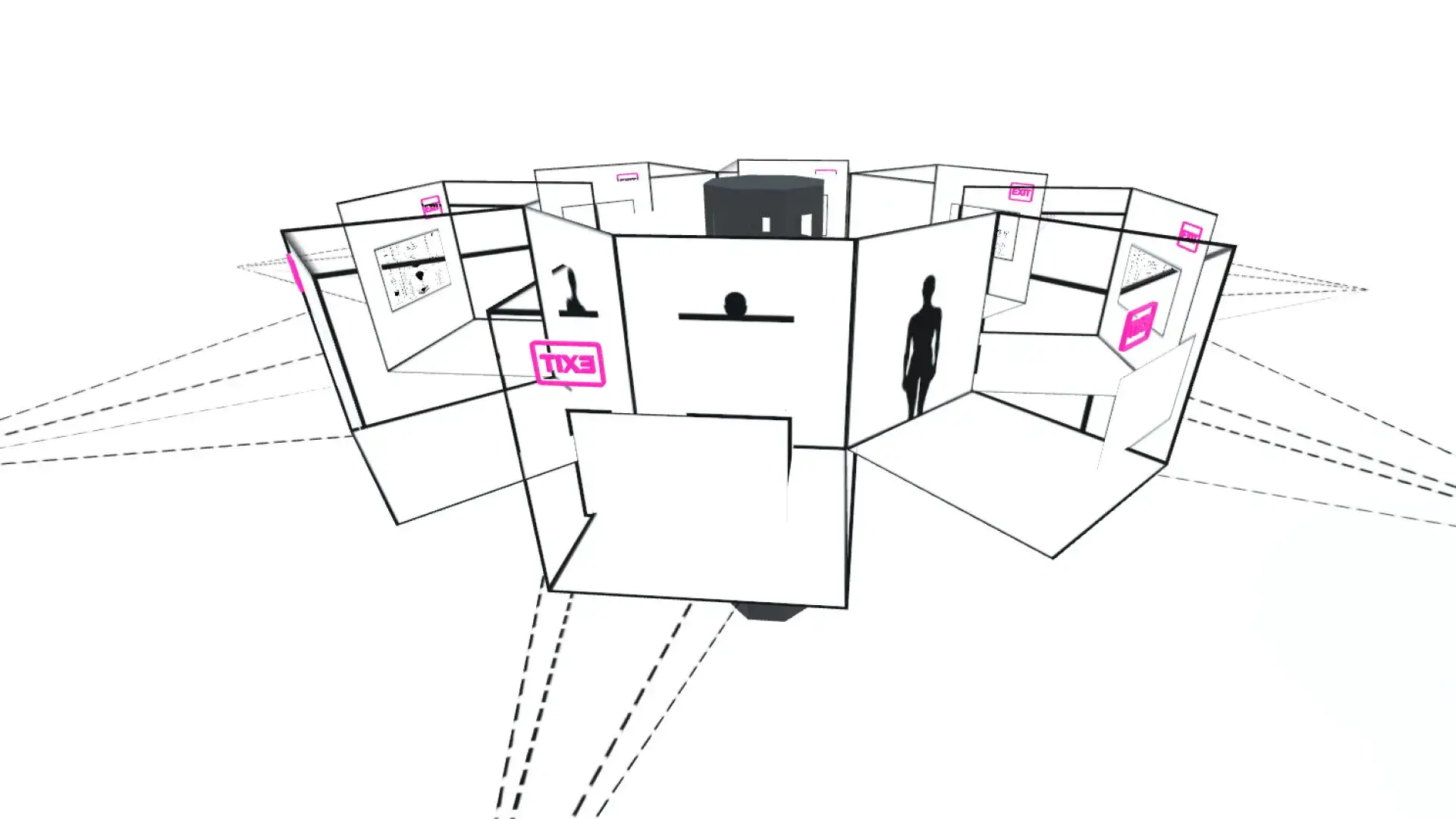 MUD Foundation XR Verse New Extractivism, featuring a minimalist virtual exhibition space with geometric white walls, digital artworks, human silhouettes, and pink interface labels.