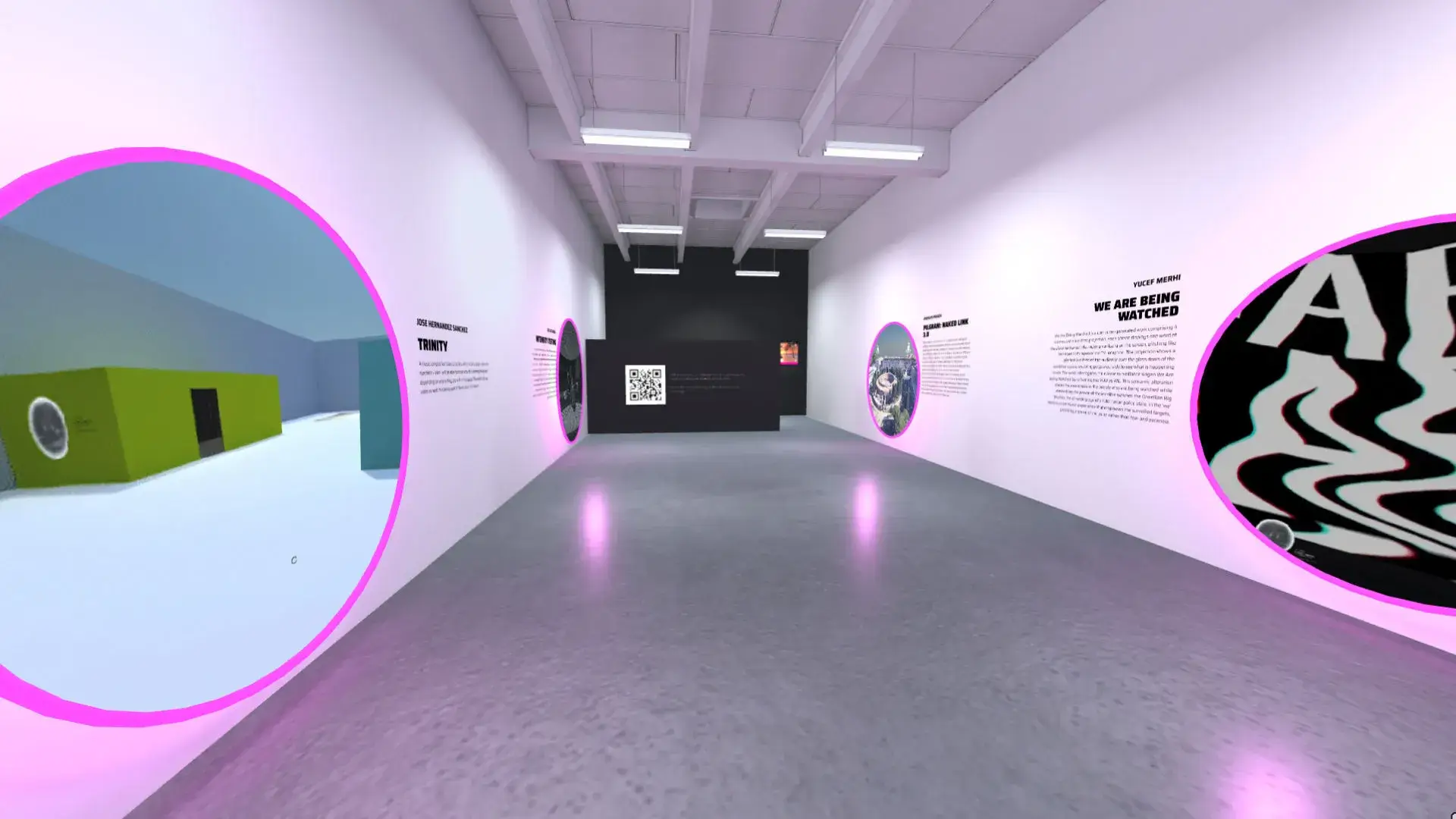 MUD Foundation XR Verse XRHub Main, featuring a virtual exhibition gallery with white walls, circular neon-framed portals, digital artworks, and exhibition text displayed throughout the space.