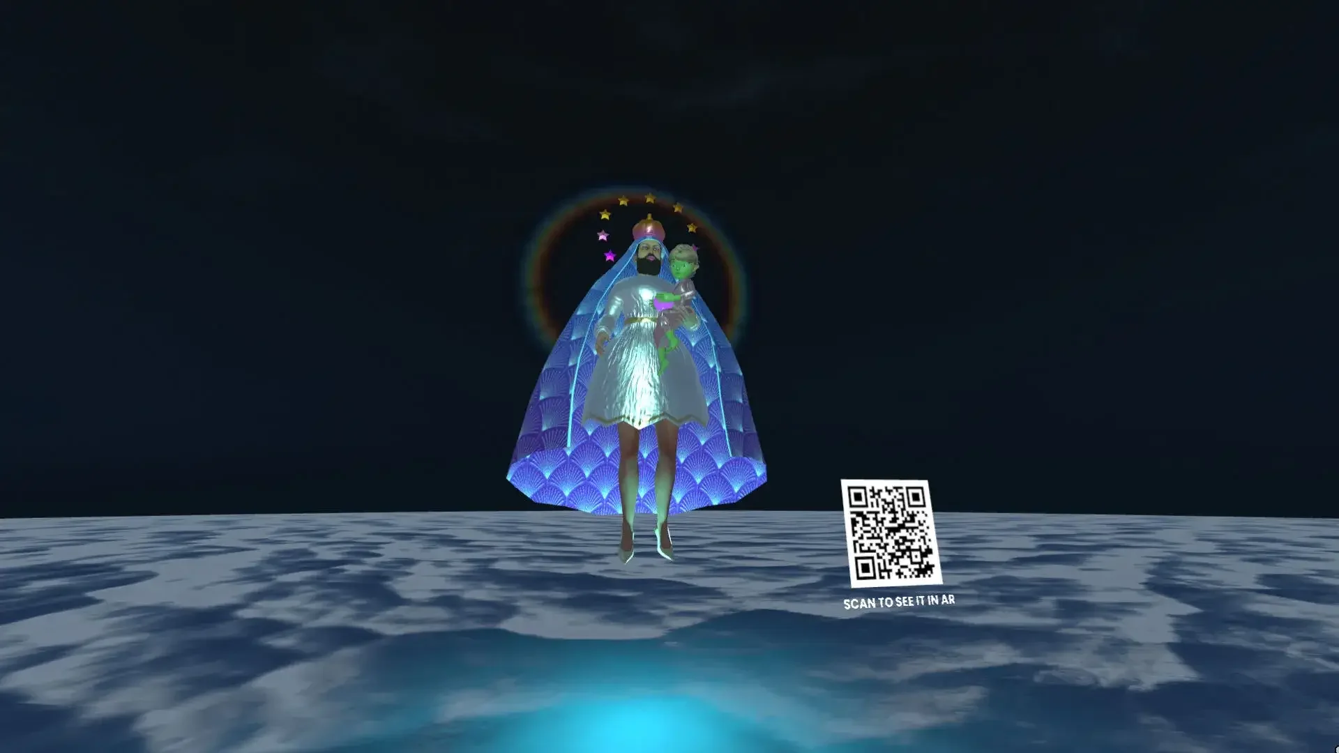 MUD Foundation XR Verse Augmented Drag Reality, featuring a digital female figure in a reflective silver dress and blue patterned cape holding a green-skinned child, with a QR code for augmented reality viewing.