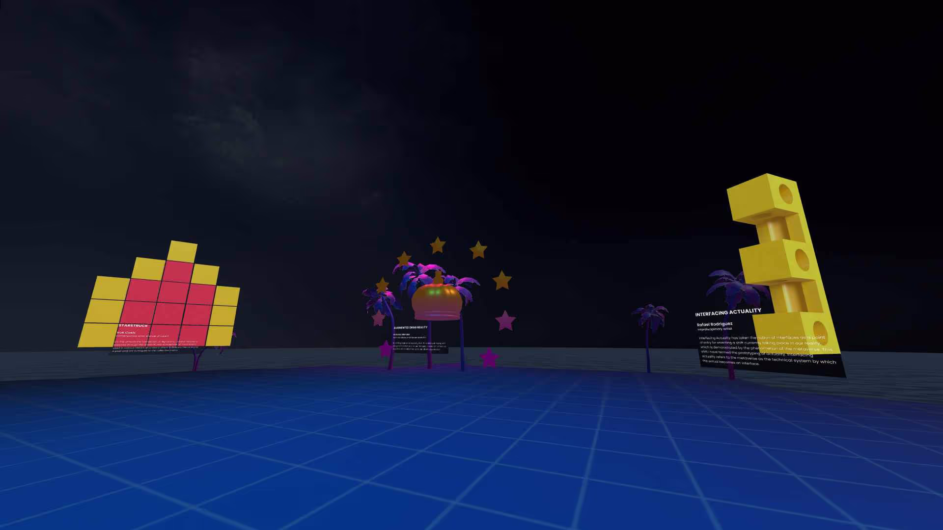 MUD Foundation XR Verse Media Under Dystopia 3.0: WASD, featuring a digital exhibition space with a blue grid floor, a Starstruck installation, colorful sculptural forms, and an Interfacing Actuality artwork display.