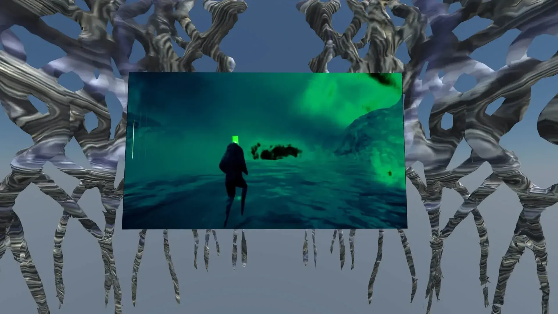 MUD Foundation XR Verse Game Viewing Gardens, featuring a large digital screen showing a dark underwater scene with a silhouetted figure surrounded by green illuminated water, framed by abstract tree-like structures.
