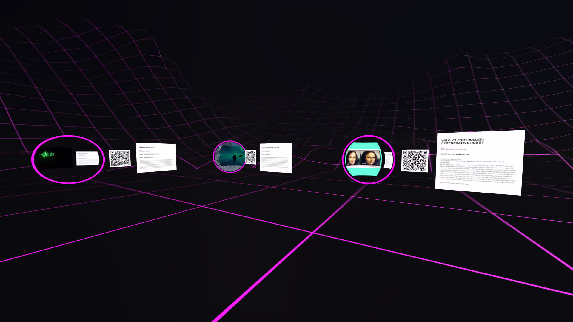MUD Foundation XR Lobby for Media Under Dystopia Wisper Edition, featuring a digital 3D virtual space with magenta grid lines, floating artwork panels, images, and QR codes arranged in a curved spatial layout.