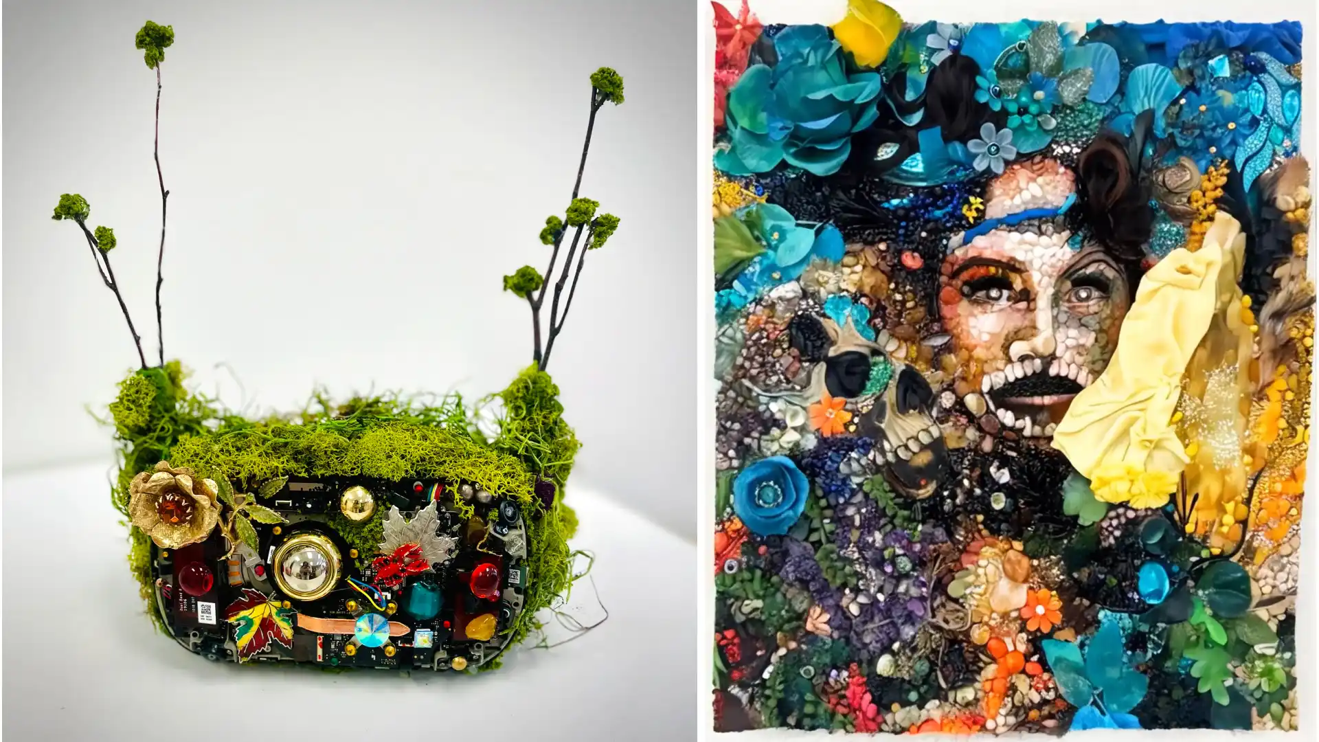 MUD Foundation Carla Gannis’s Cathexis Core: Flag Fire, Flower and, 2025, featuring a moss-covered electronic device decorated with flowers and found objects alongside a colorful mixed-media portrait composed of flowers, beads, and fabric.