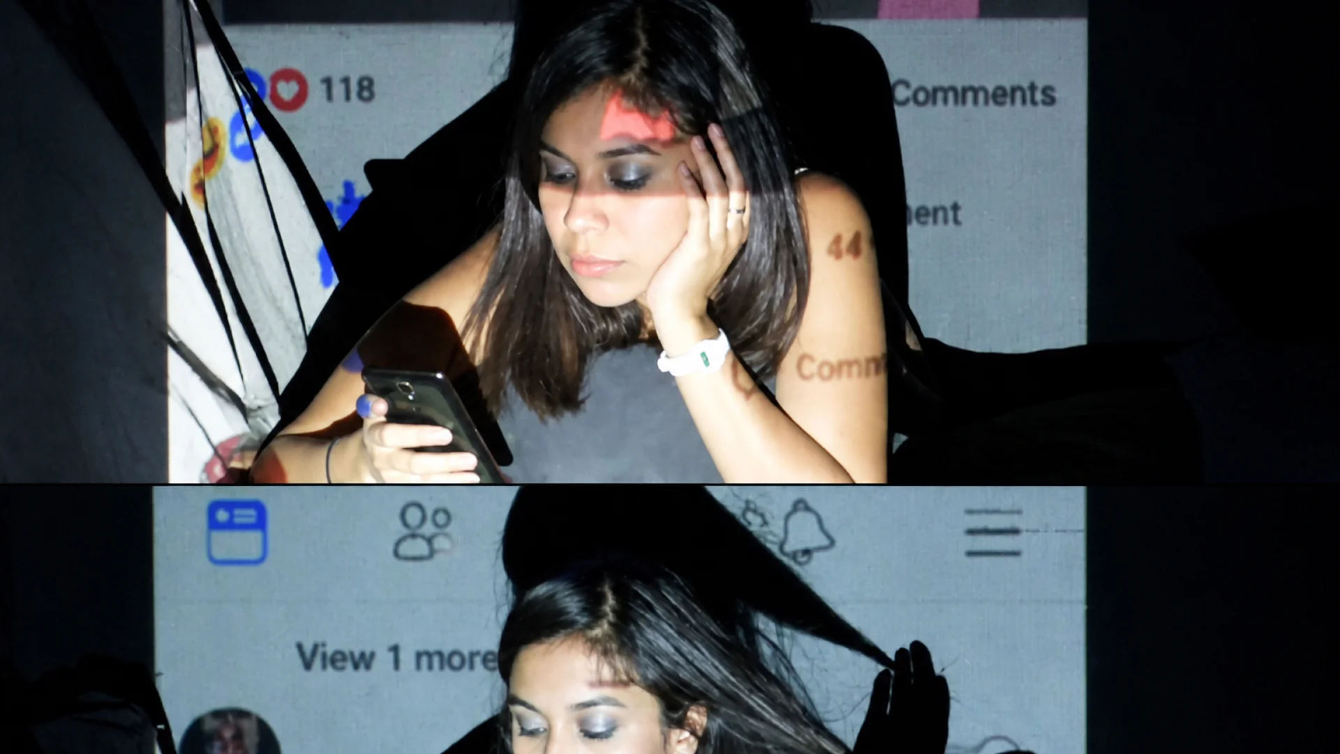 MUD Foundation Fabiola Larios’s *scroll_over(me)*, 2025, featuring a woman looking at a smartphone while projected social media interface elements and comments overlay her body and the surrounding space.