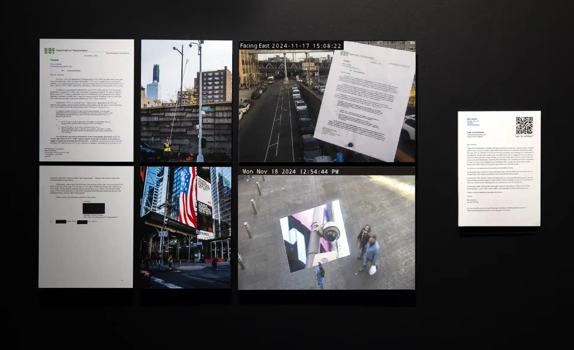 MUD Foundation Morry Kolman’s *Traffic Cam Photobooth*, 2024, featuring traffic camera photographs, official documents, and urban street imagery presented together in a gallery installation.