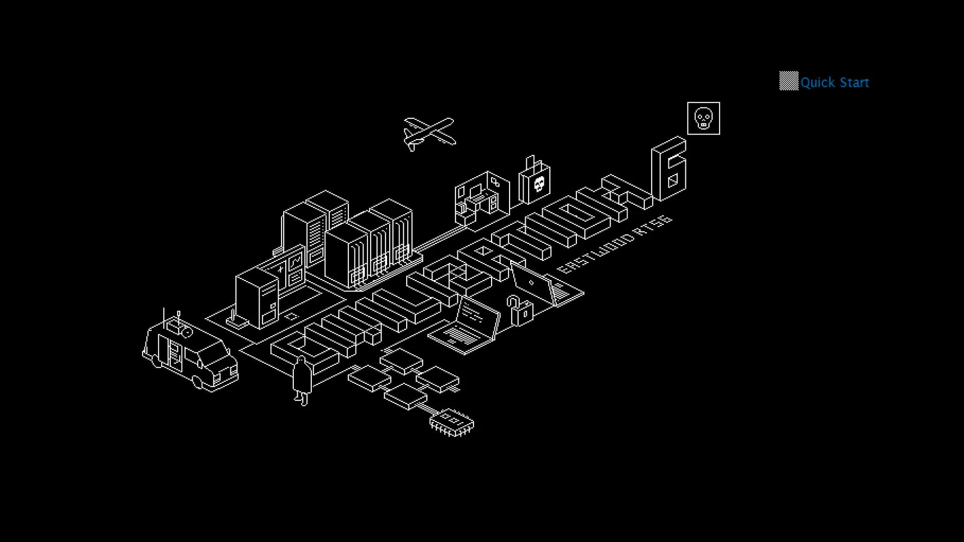 MUD Foundation Vladan Joler and Kristian Lukić’s *Civilization VI*, 2015, featuring a black-and-white isometric digital diagram of a city with buildings, vehicles, people, aircraft, and interconnected structures on a black background.
