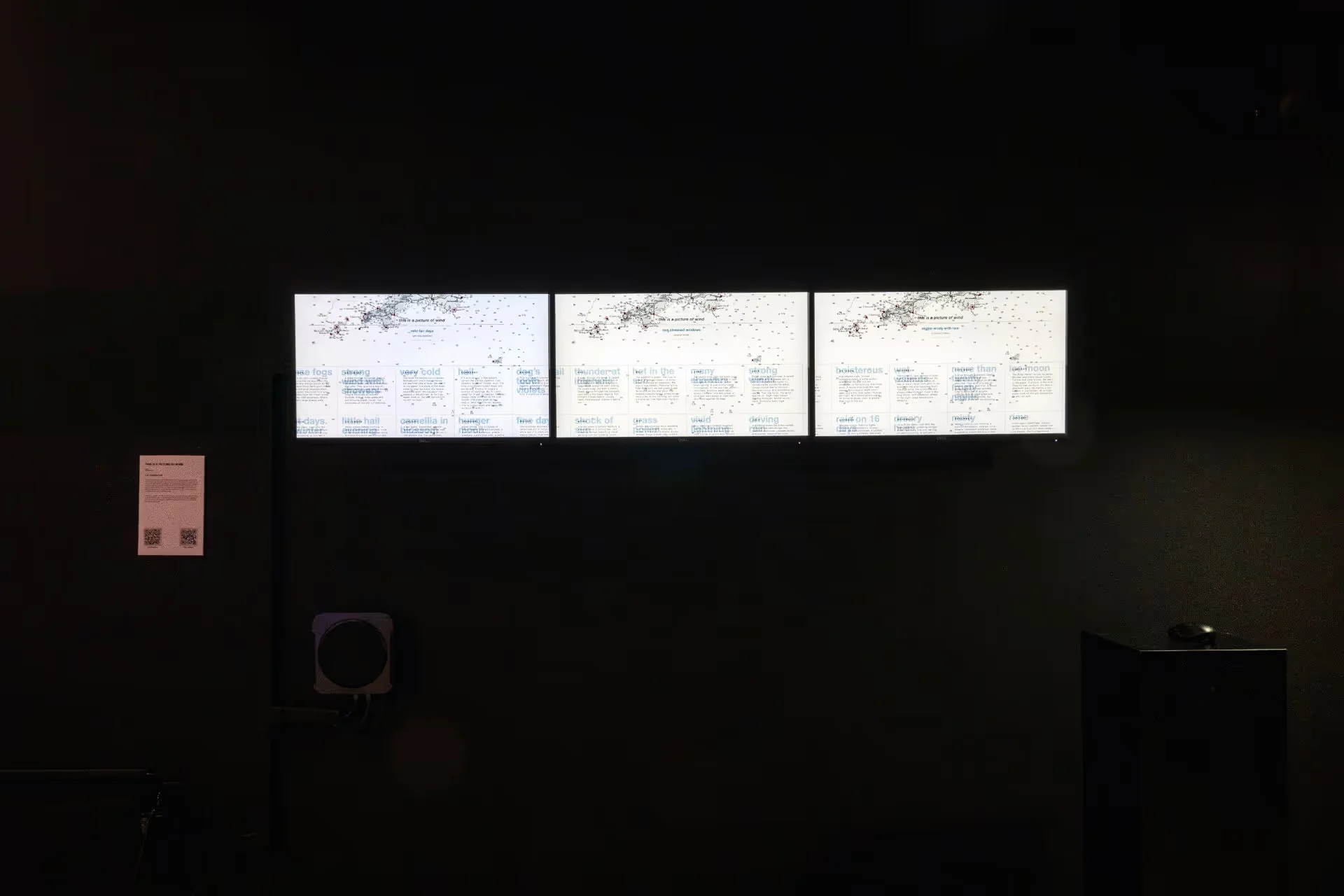 MUD Foundation J. R. Carpenter’s *This is a Picture of Wind*, 2018, featuring three illuminated digital panels displaying maps, text, and words arranged in data-driven visual compositions.
