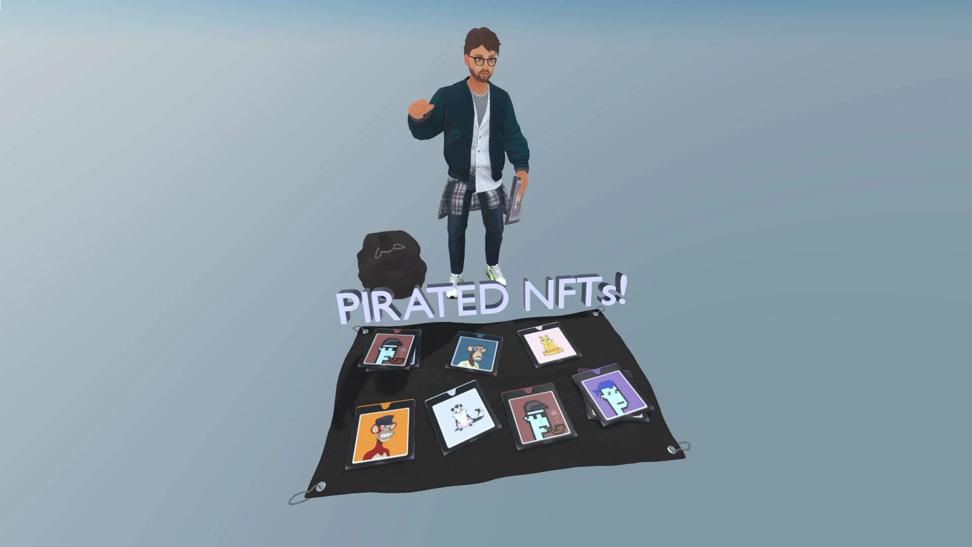 MUD Foundation César Escudero Andaluz’s *Metamanteros*, 2022, featuring a stylized digital figure standing behind a display of colorful NFT-style artworks with the text “PIRATED NFTs!” above them.
