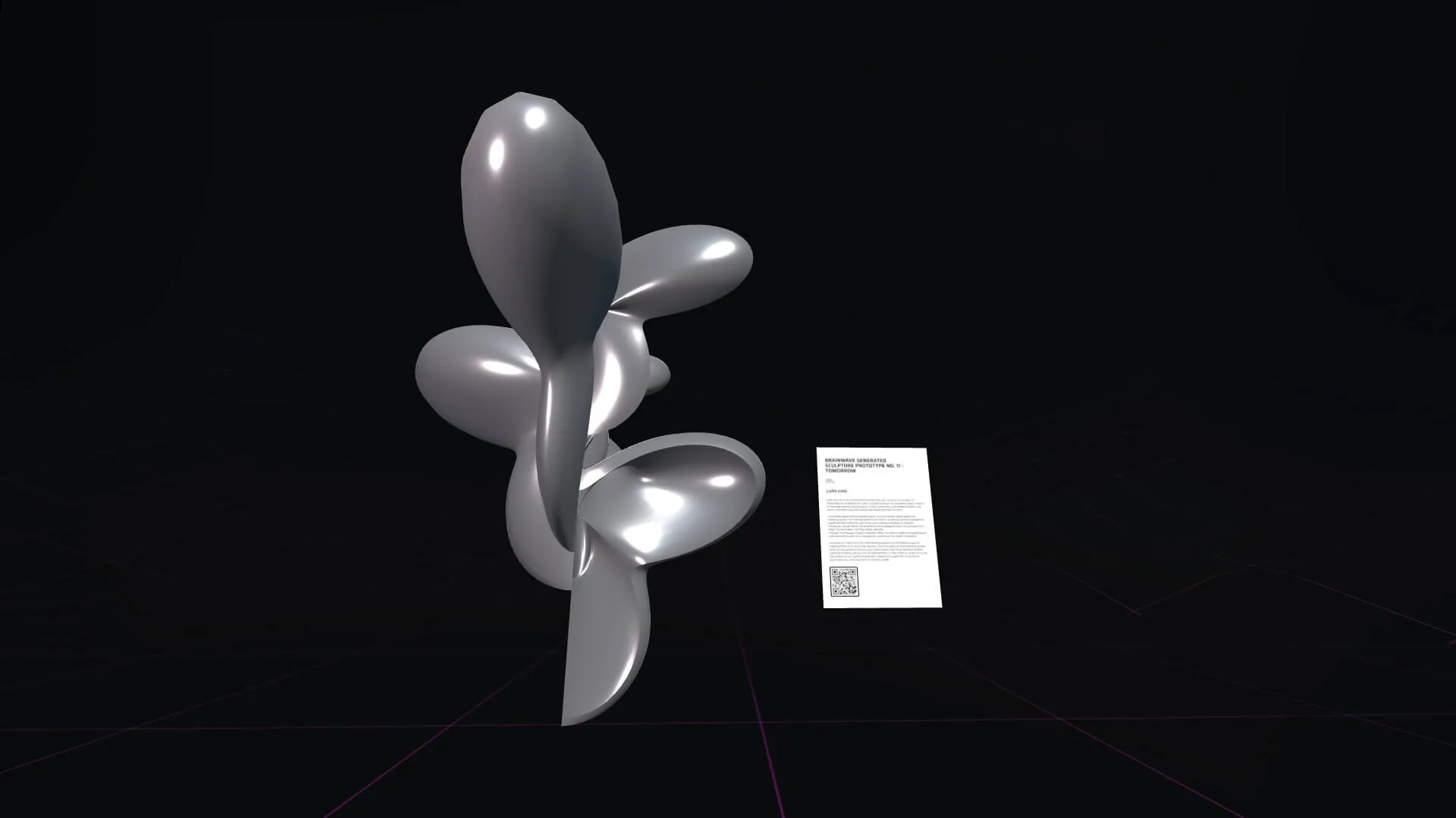 MUD Foundation Lans King’s *Brainwave Generated Sculpture Prototype*, 2023, featuring a glossy white abstract sculpture with rounded organic forms displayed in a dark digital environment with a QR-coded artwork label.