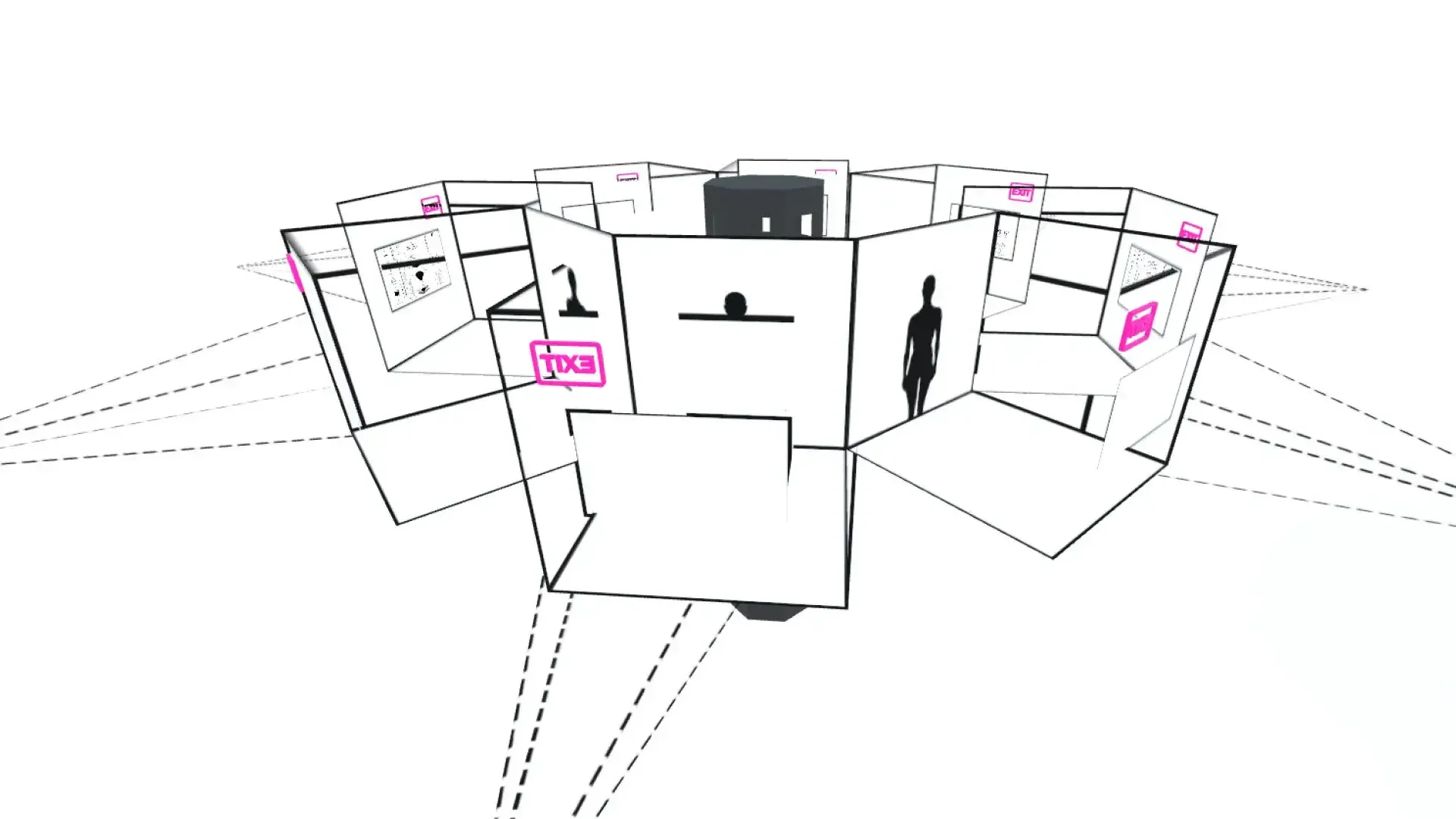 MUD Foundation Vladan Joler’s *New Extractivism*, 2022, featuring a minimalist digital exhibition space with white outlined walls, display panels, human silhouettes, and magenta interface labels arranged in a geometric layout.