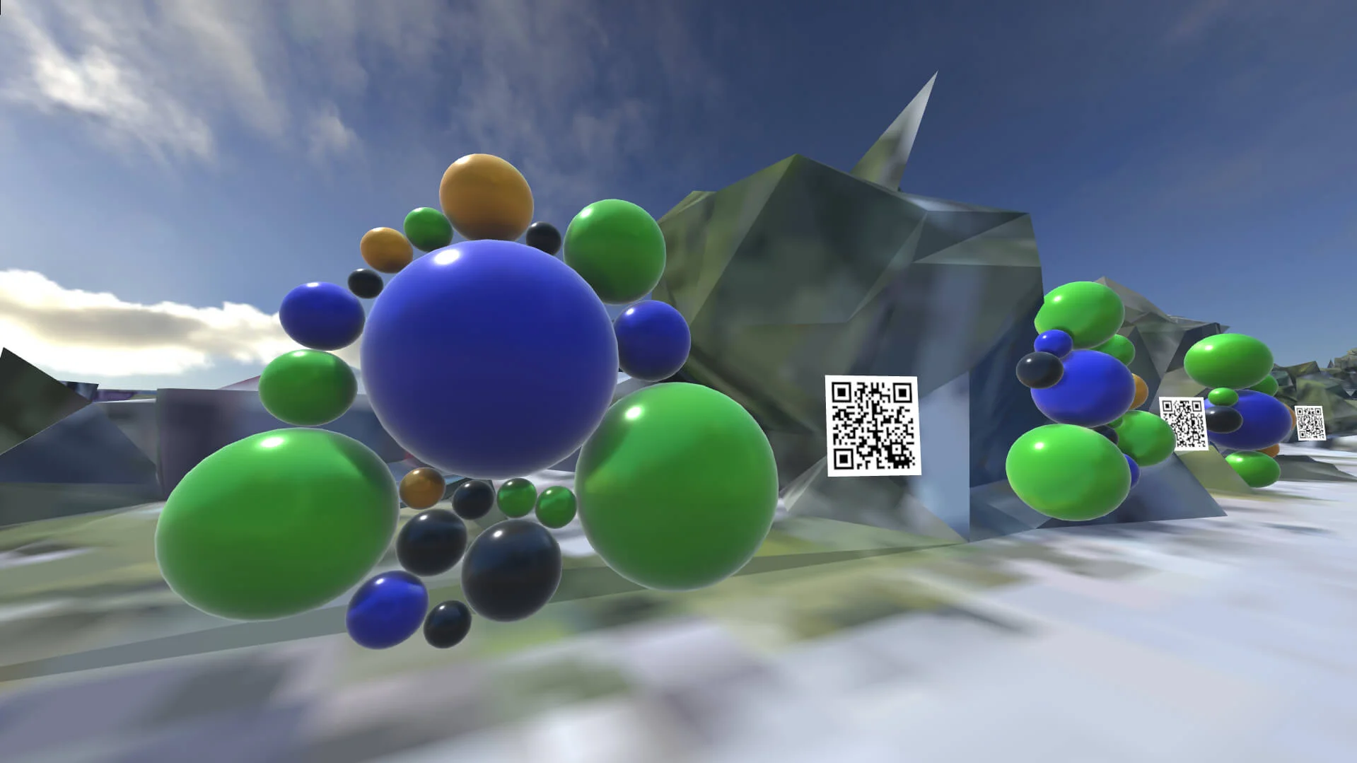 MUD Foundation Rodolfo Peraza’s *Naked Link Pilgram 4.0*, 2023, featuring colorful spheres arranged around a geometric landscape with QR codes displayed throughout the virtual environment.