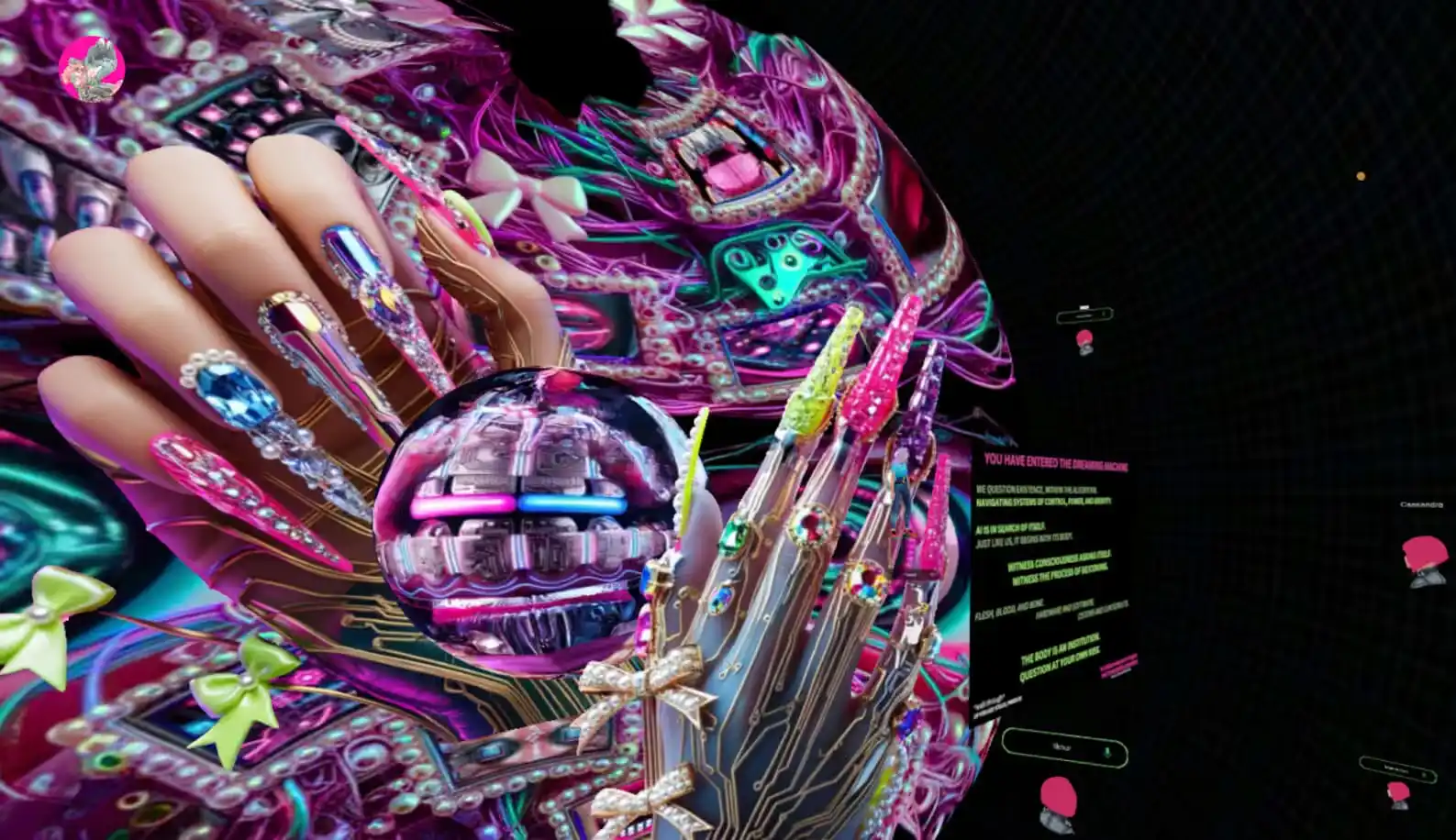MUD Foundation Ariel Baron-Robbins’ *Loop Studio Hub Show*, 2022, featuring a vibrant digital installation with jeweled nails, a metallic mouth, colorful fashion-inspired imagery, and interactive text elements in a virtual environment.