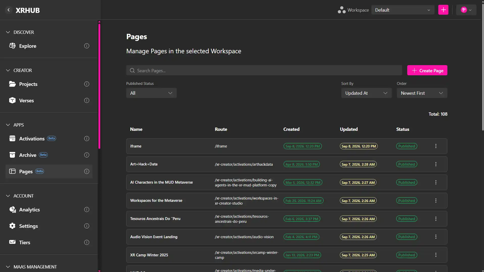 MUD Foundation XRHub Pages interface in dark mode, showing 108 pages in the selected workspace with published entries including AI Characters in the MUD Metaverse, Workspaces for the Metaverse, Audio Vision Event Landing, and XR Camp Winter 2025.