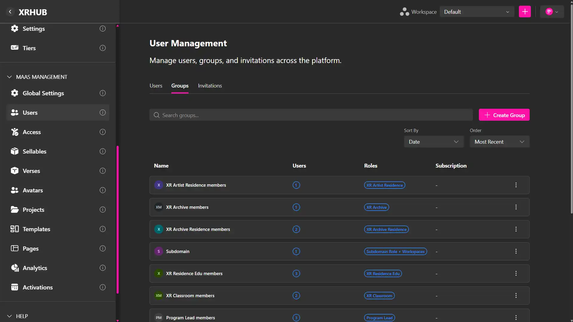 MUD Foundation XRHub User Management interface in dark mode, showing the Groups section with user groups, member counts, assigned roles, and subscription information across the platform.