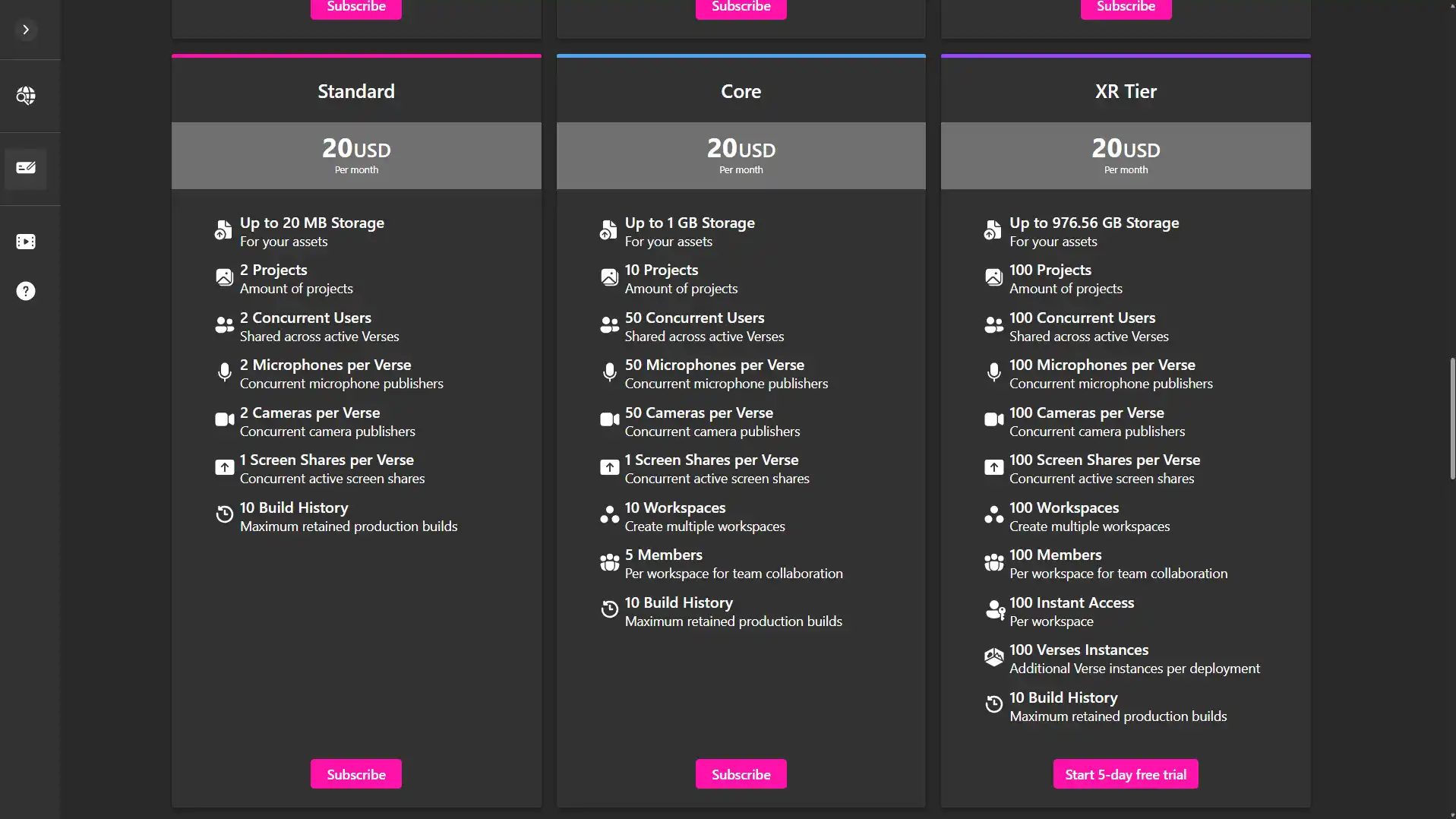 MUD Foundation XRHub subscription tiers showing Standard, Core, and XR Tier plans at $20 USD per month, with storage, projects, users, microphones, cameras, workspaces, and other platform features; the XR Tier includes a 5-day free trial.