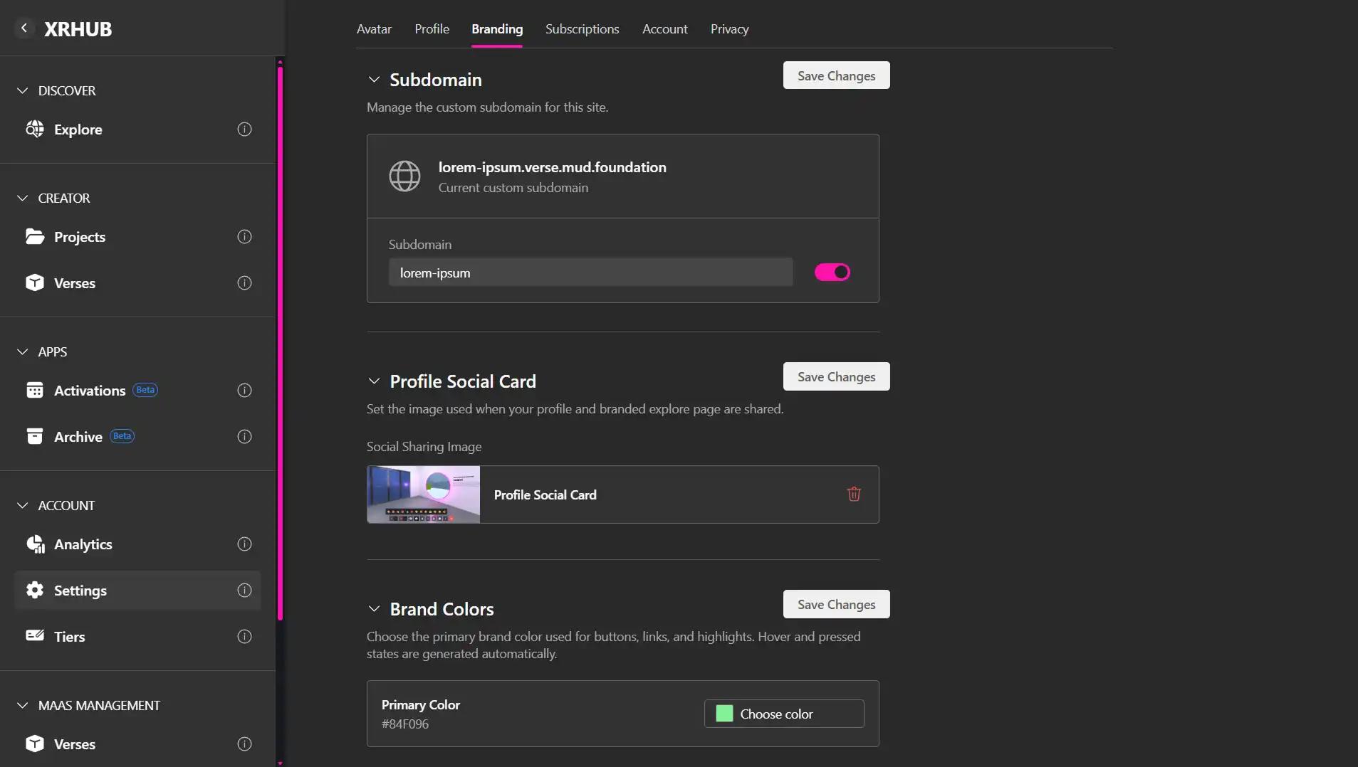 MUD Foundation XRHub Branding settings, showing a custom subdomain, profile social sharing image, and brand color configuration with primary color controls.
