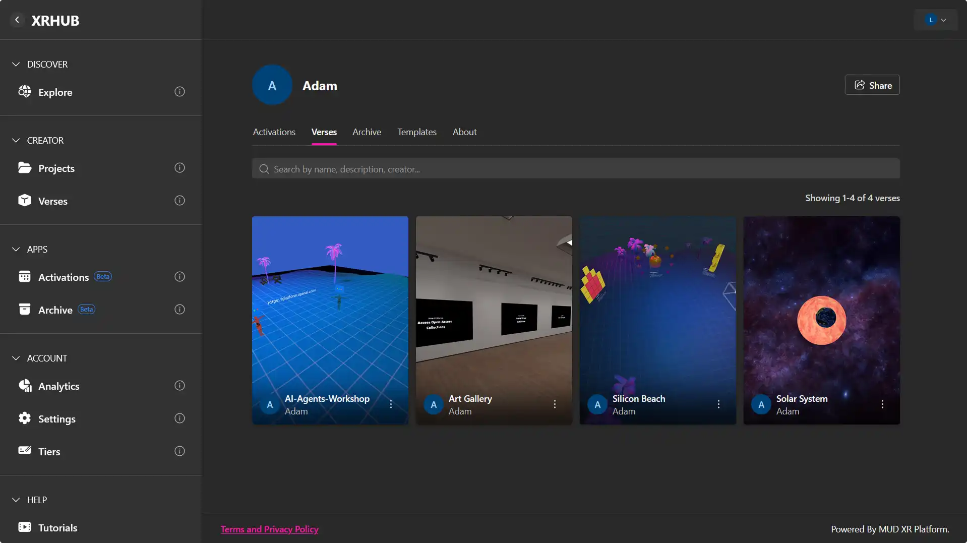 MUD Foundation XRHub profile page for Adam, showing four published Verses: AI-Agents-Workshop, Art Gallery, Silicon Beach, and Solar System.
