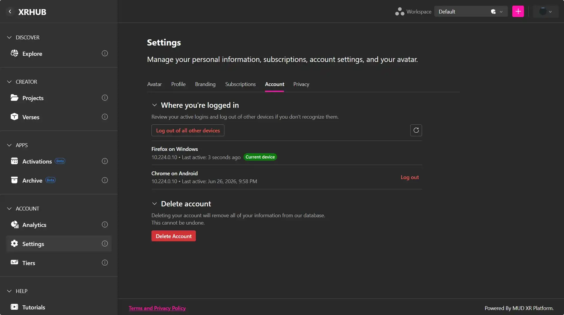 MUD Foundation XRHub account settings page, showing active login sessions, account deletion options, and tabs for avatar, profile, branding, subscriptions, and privacy settings.