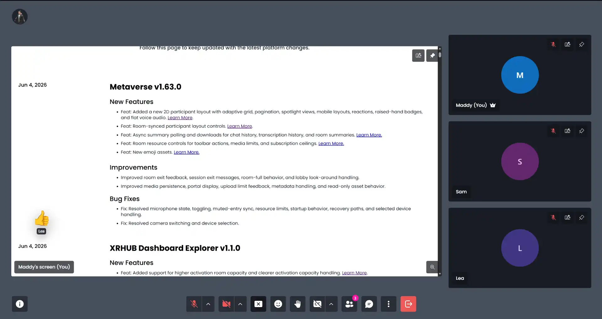 MUD Foundation XRHub 2D meeting interface, showing a shared screen with platform release notes and three participant panels for Maddy, Sam, and Lea.