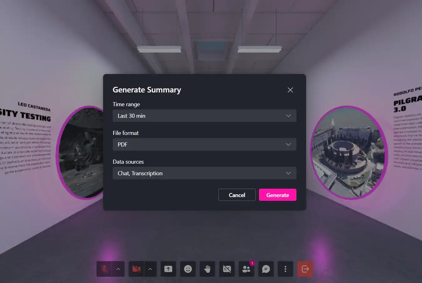 MUD Foundation XRHub virtual exhibition showing a Generate Summary dialog with options for time range, PDF format, and chat and transcription data sources, surrounded by digital artworks.