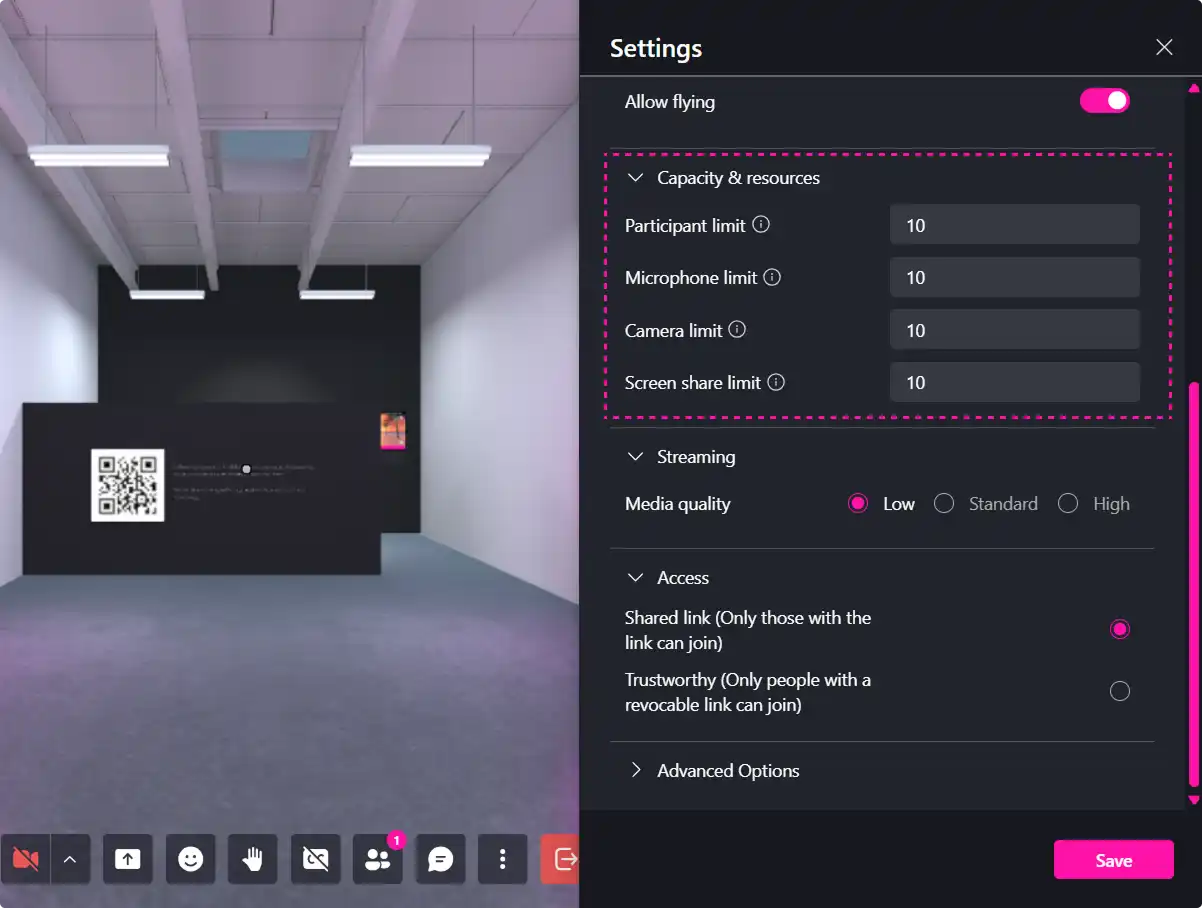 MUD Foundation XRHub virtual exhibition settings panel, showing participant, microphone, camera, and screen-sharing limits, streaming quality, access controls, and flying permissions.