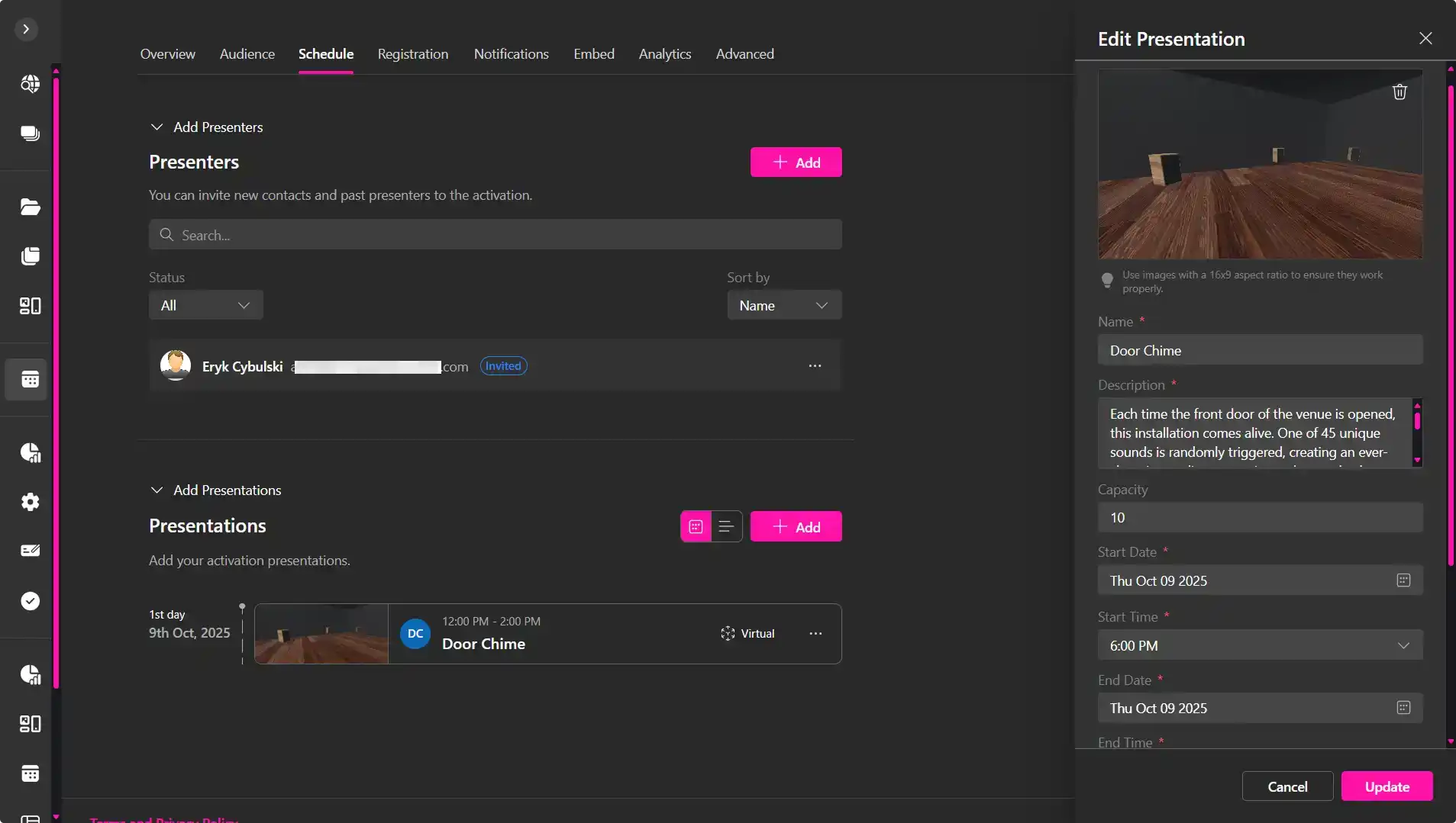 MUD Foundation XRHub activation schedule, showing the Door Chime virtual presentation with presenter management, presentation details, capacity, and scheduled date and time settings.