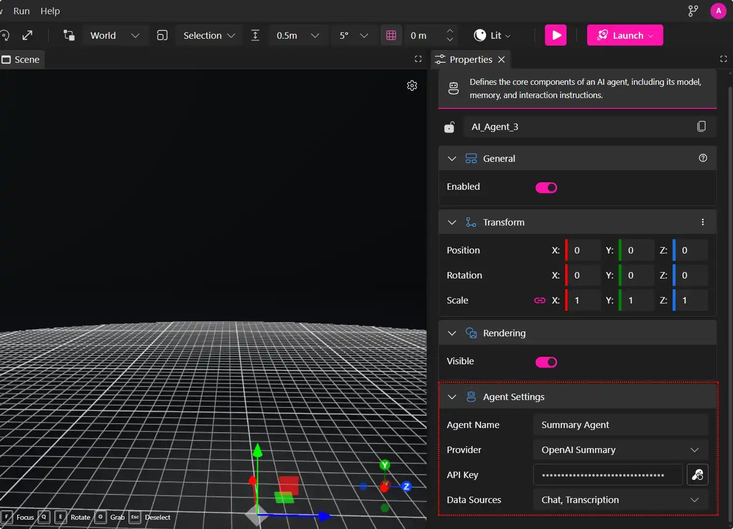 MUD Foundation XR Creator Studio showing AI Agent settings for a Summary Agent, including provider, API key, data sources, transform controls, and rendering options.