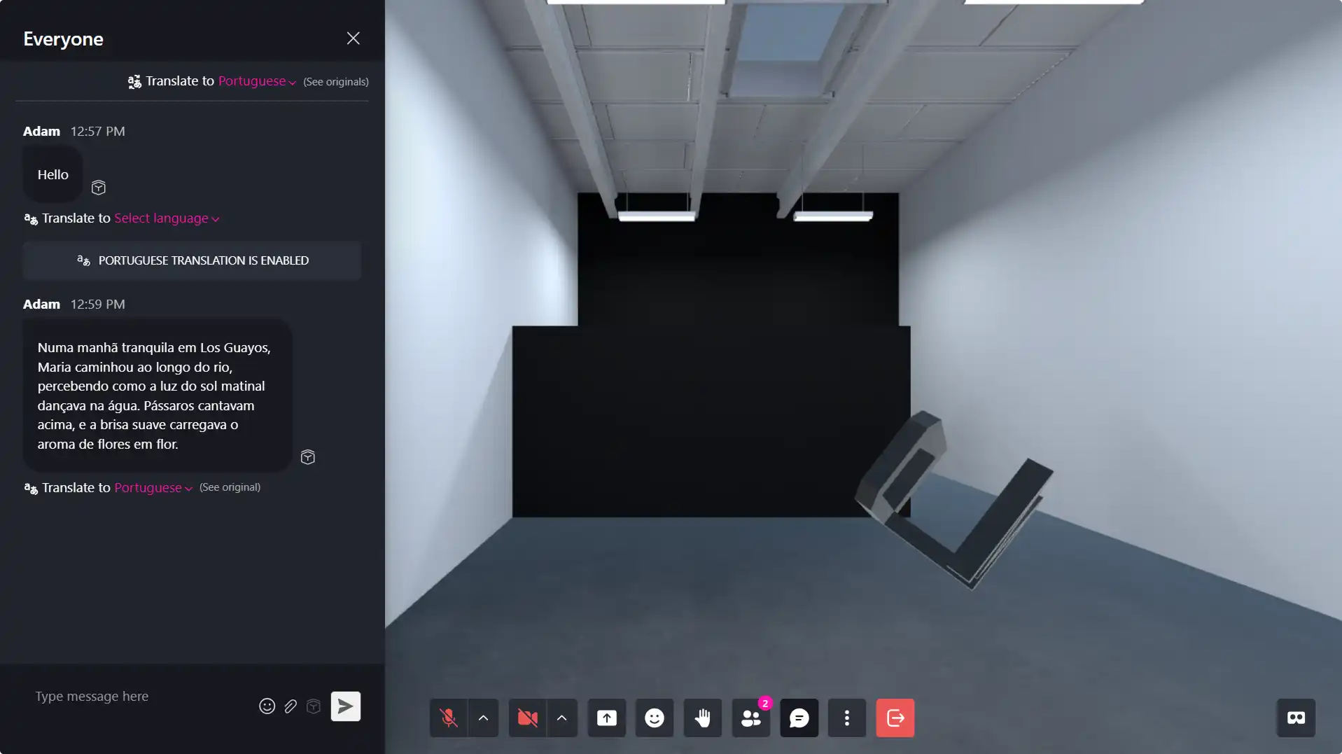 MUD Foundation XR Verse showing a virtual gallery space with a chat panel featuring Portuguese translation and an AI-generated story, alongside a minimalist 3D environment.