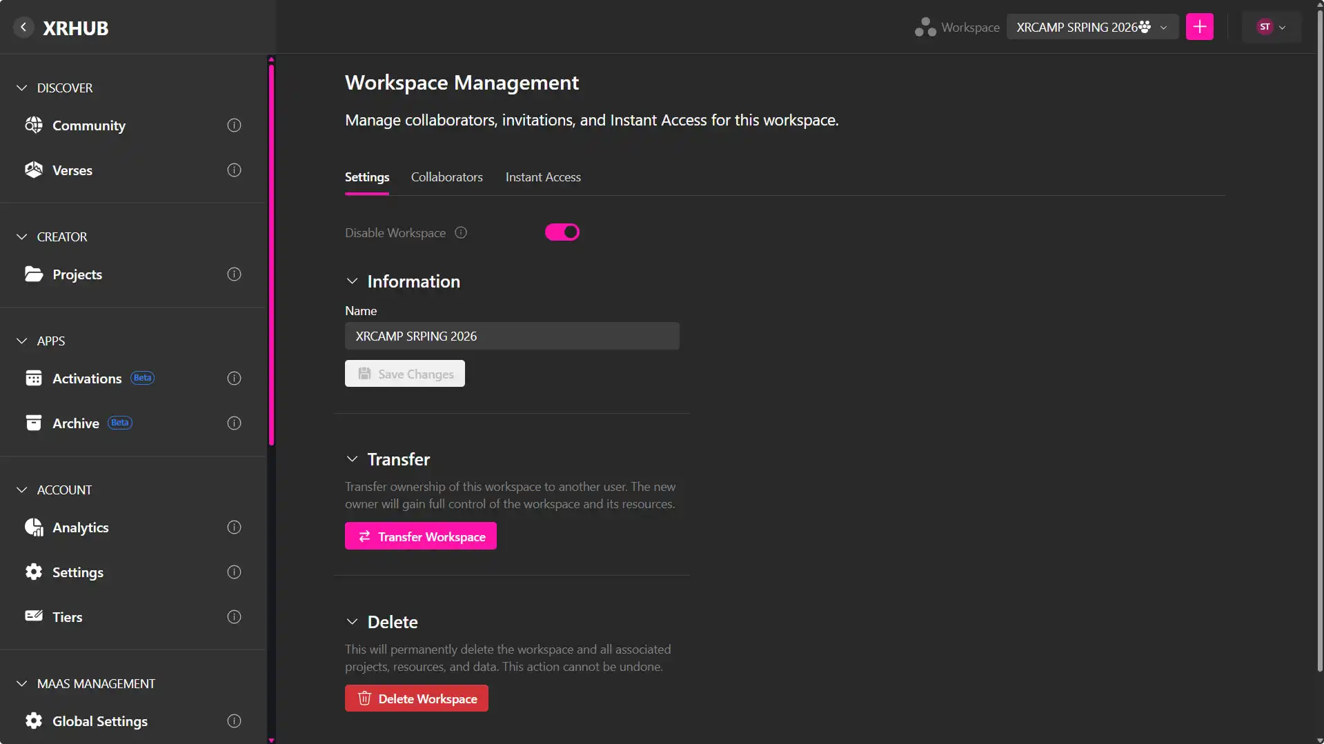 MUD Foundation XRHub Workspace Management showing settings for the XRCAMP SPRING 2026 workspace, including workspace information, transfer controls, and options to disable or delete the workspace.
