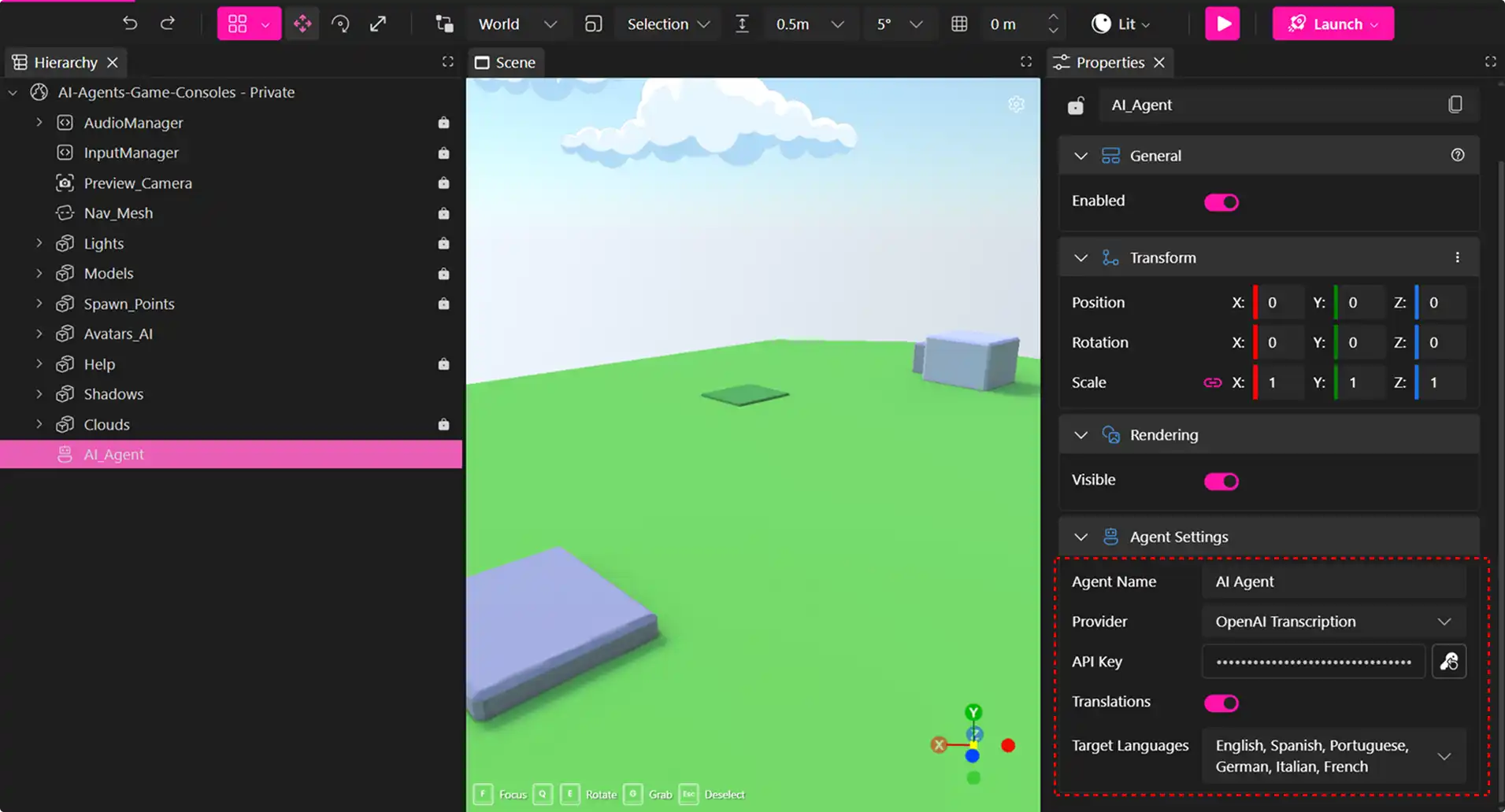 MUD Foundation XR Creator Studio showing an AI Agent configured with OpenAI Transcription, translation enabled, and target languages including English, Spanish, Portuguese, German, Italian, and French.