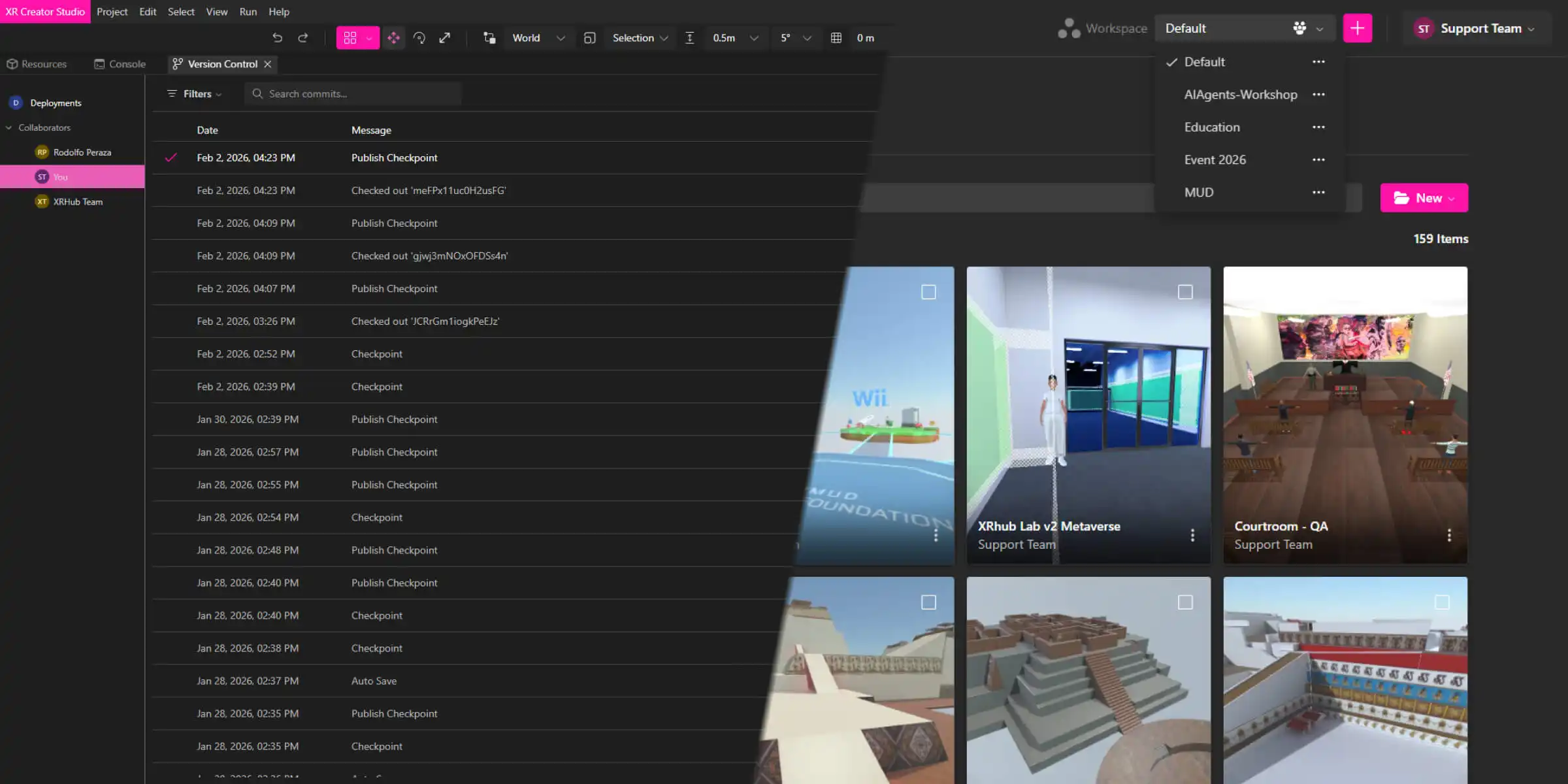 MUD Foundation XR Creator Studio showing Version Control with deployment checkpoints, collaborators, workspace selection, and project thumbnails for virtual environments including XRhub Lab v2 Metaverse and Courtroom.