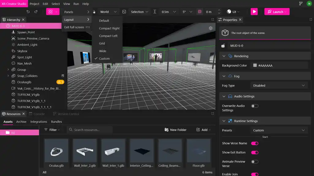 MUD Foundation XR Creator Studio showing the MUD 6-0 virtual gallery scene, with the Layout menu open and scene properties, runtime settings, and 3D assets visible in the workspace.