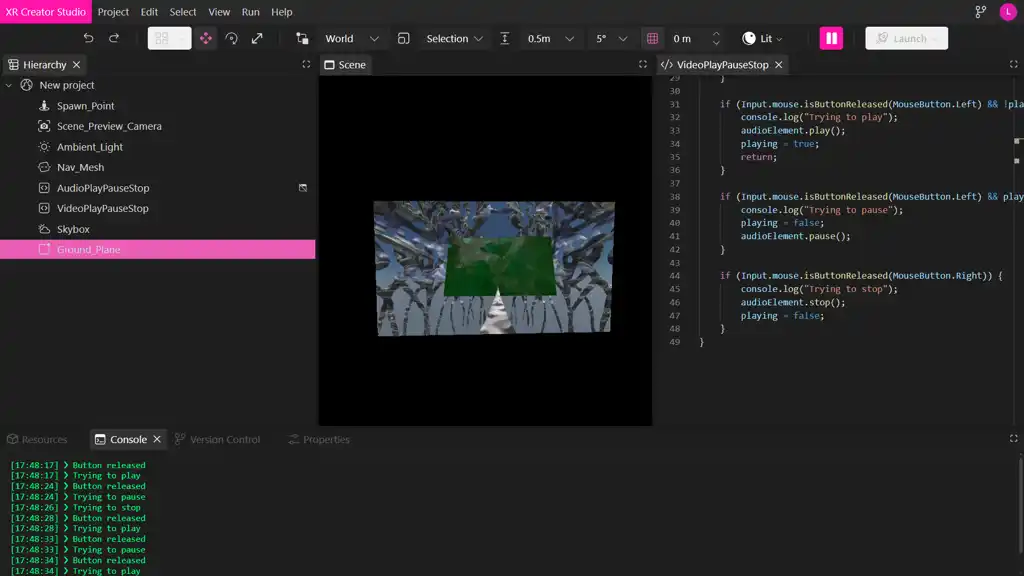 MUD Foundation XR Creator Studio showing a media playback script with play, pause, and stop controls, alongside a 3D scene preview and console output.