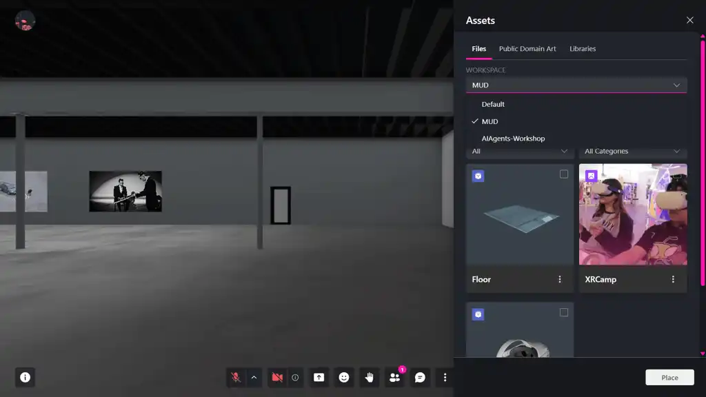 MUD Foundation XR Creator Studio showing the Assets panel for the MUD workspace, with 3D assets such as a floor and XRCamp available for placement in a virtual gallery environment.