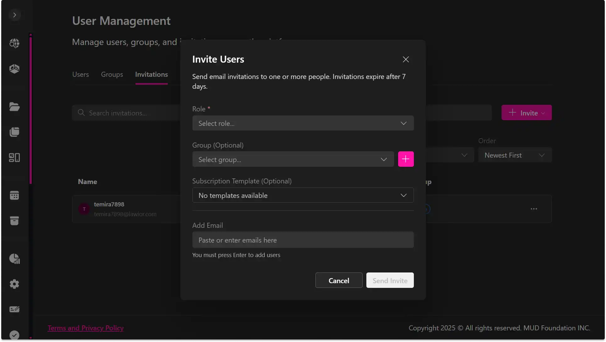 MUD Foundation XRHub User Management showing an Invite Users dialog for assigning roles, groups, subscription templates, and email invitations to platform users.