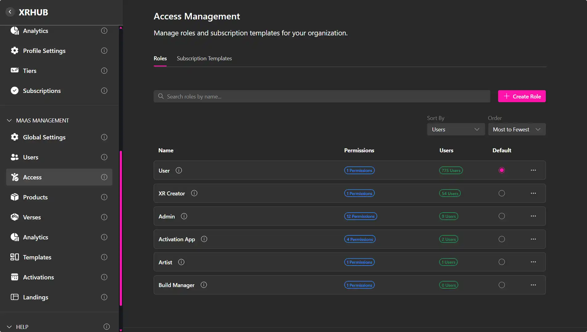 MUD Foundation XRHub Access Management showing organization roles, permissions, user counts, and default role settings, with options to manage subscription templates.