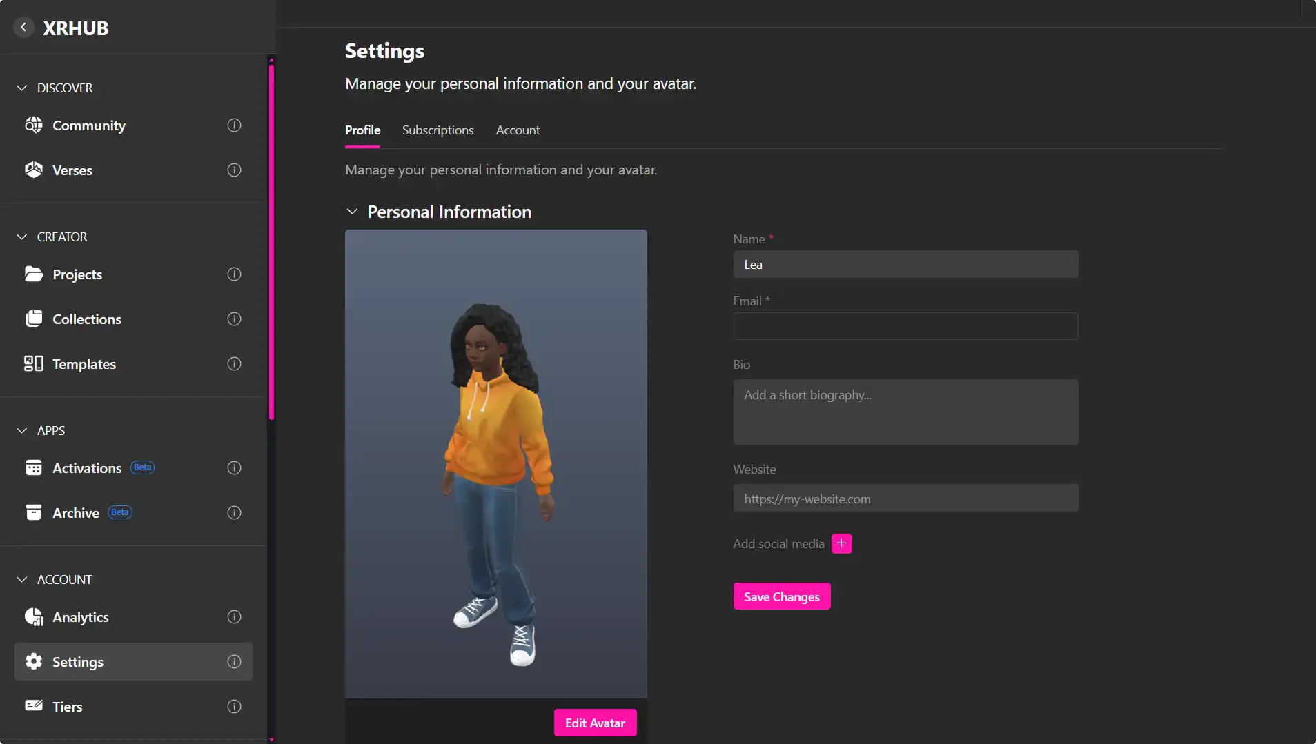 MUD Foundation XRHub profile settings showing personal information fields and a 3D avatar of a woman wearing an orange hoodie, blue jeans, and sneakers.