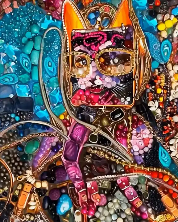 MUD Foundation Cathexis Core Flag Fire Flower, featuring a colorful cat-like figure assembled from gemstones, beads, metallic elements, and floral shapes in vibrant blue, pink, orange, and gold tones.