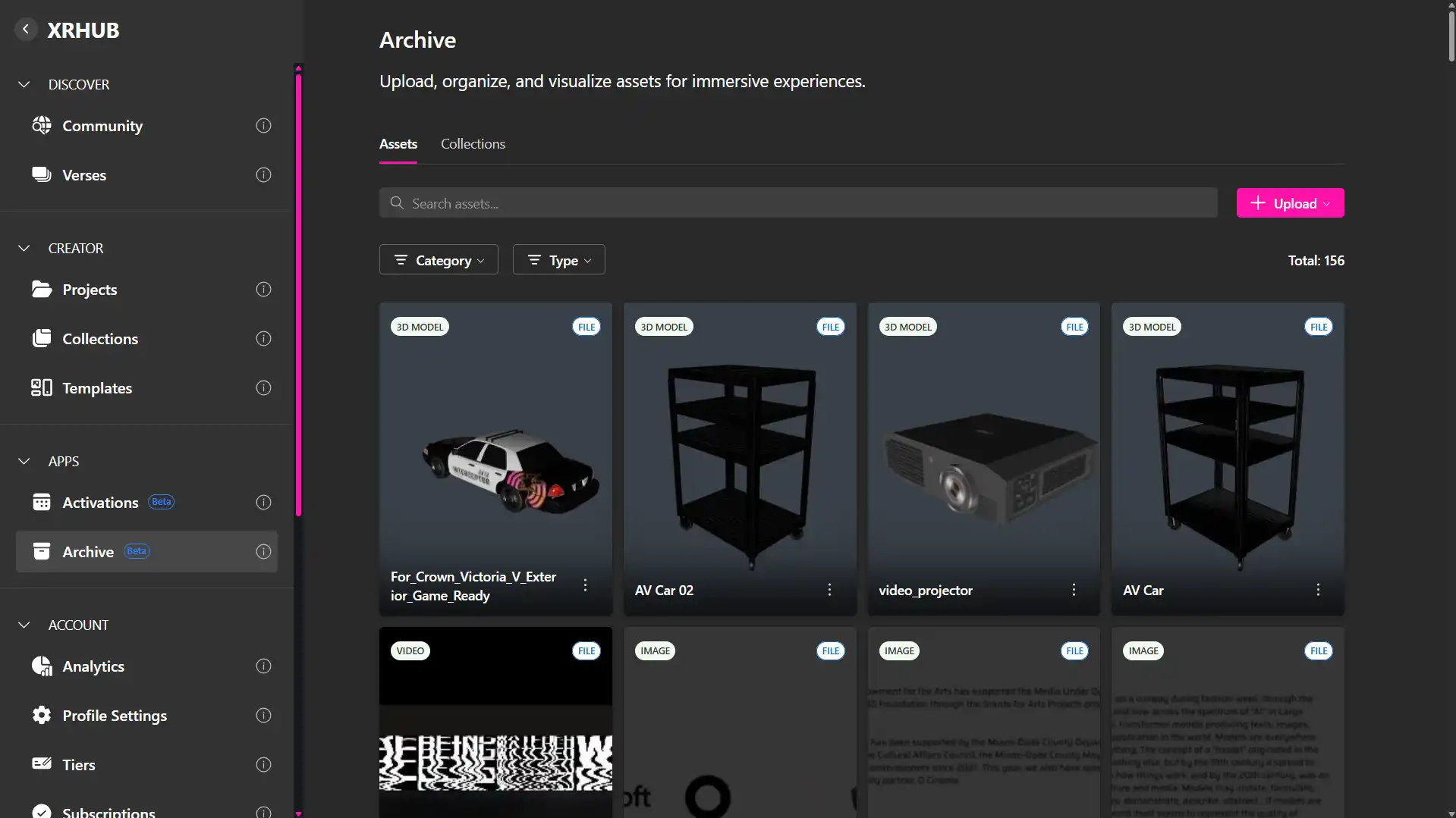 MUD Foundation XRHub Archive showing a collection of immersive experience assets, including 3D models of a vehicle, AV carts, and a video projector, along with video and image files.