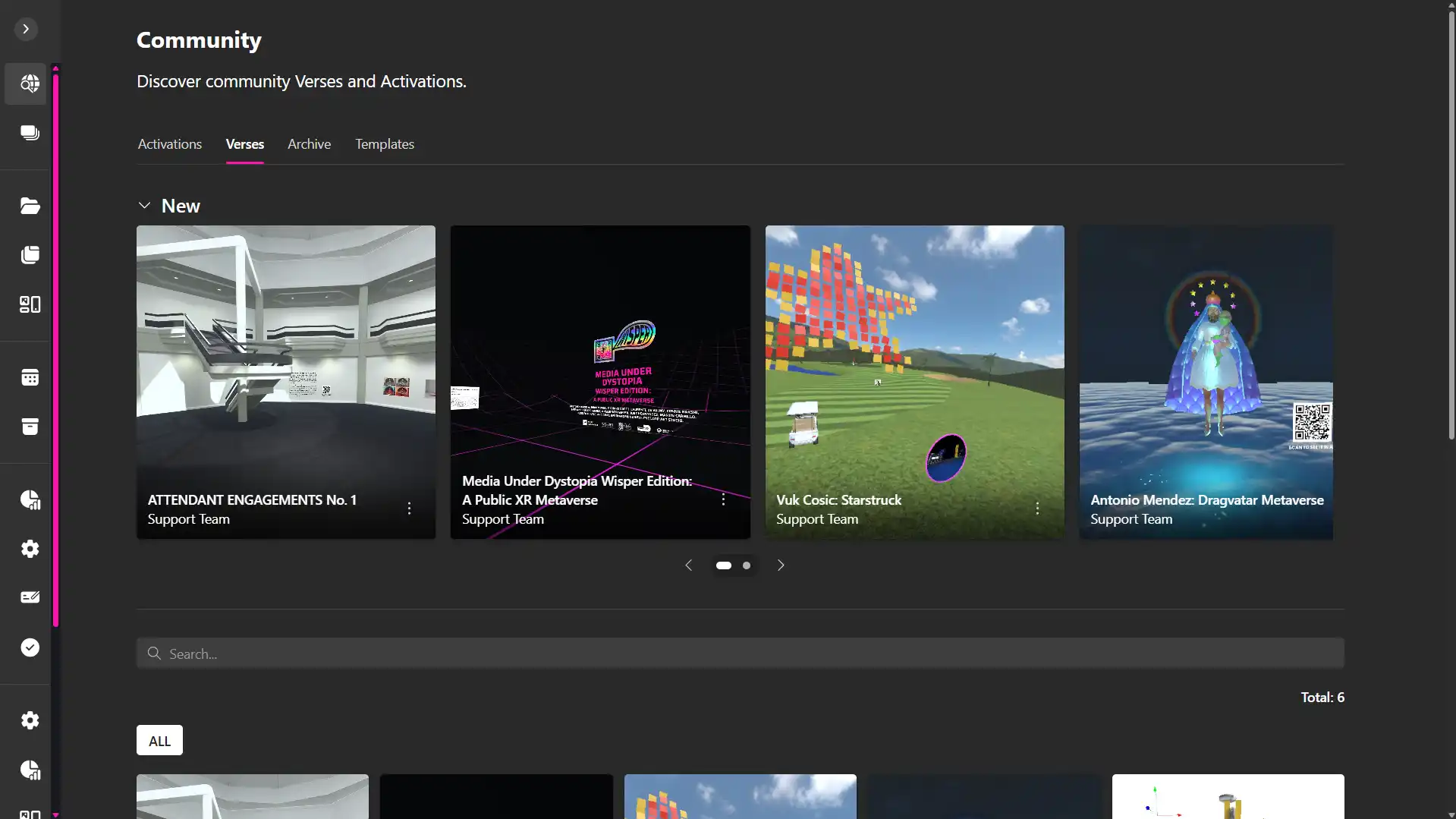 MUD Foundation XRHub Community Verses page showcasing featured immersive experiences, including ATTENDANT ENGAGEMENTS No. 1, Media Under Dystopia WISper Edition, Vuk Ćosić’s Starstruck, and Antonio Mendez’s Dragvatar Metaverse.