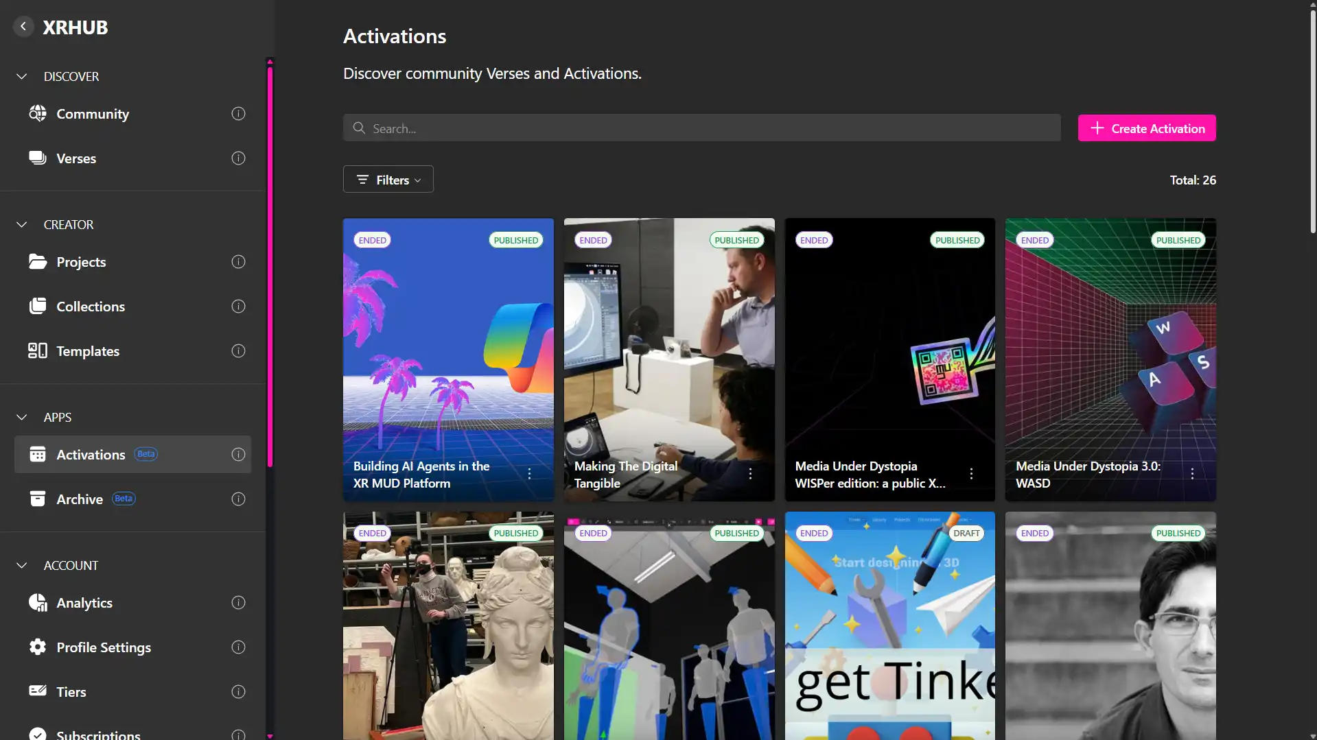 MUD Foundation XRHub Activations page displaying published and ended immersive experiences, including Building AI Agents in the XR MUD Platform, Making The Digital Tangible, Media Under Dystopia WISper Edition, and Media Under Dystopia 3.0: WASD.