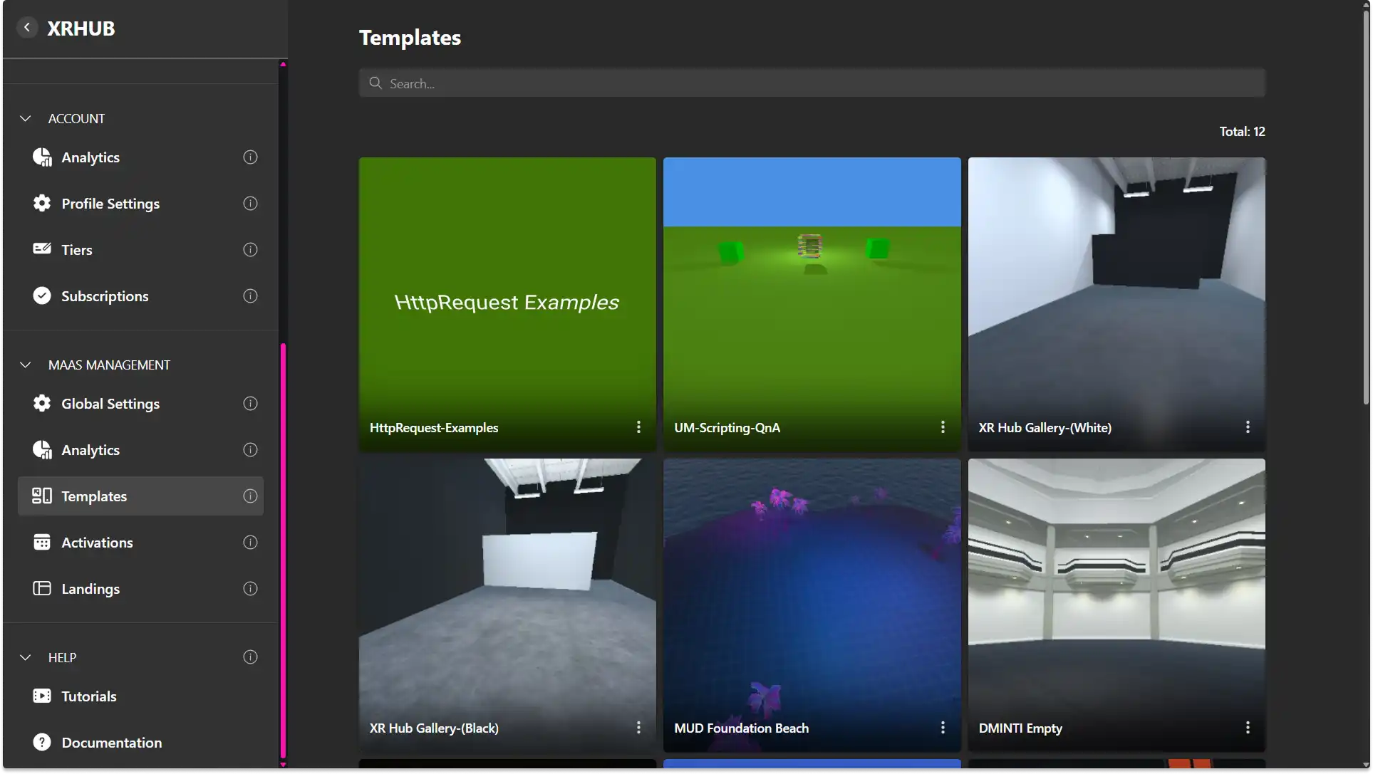 MUD Foundation XRHub Templates dashboard displaying reusable virtual environment templates, including HTTP request examples, scripting scenes, XR Hub galleries, MUD Foundation Beach, and DMINTI Empty.