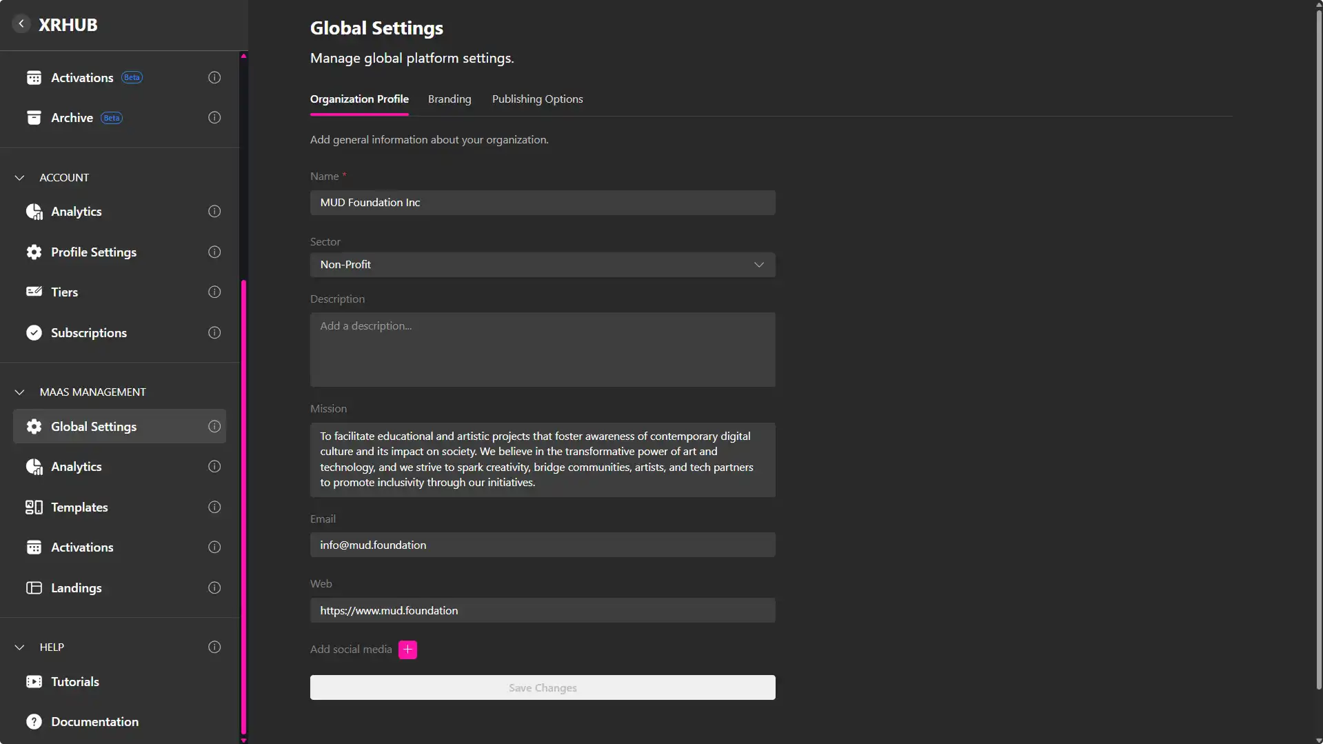 MUD Foundation XRHub Global Settings showing the organization profile for MUD Foundation Inc., including its nonprofit sector, mission statement, contact email, website, and social media settings.