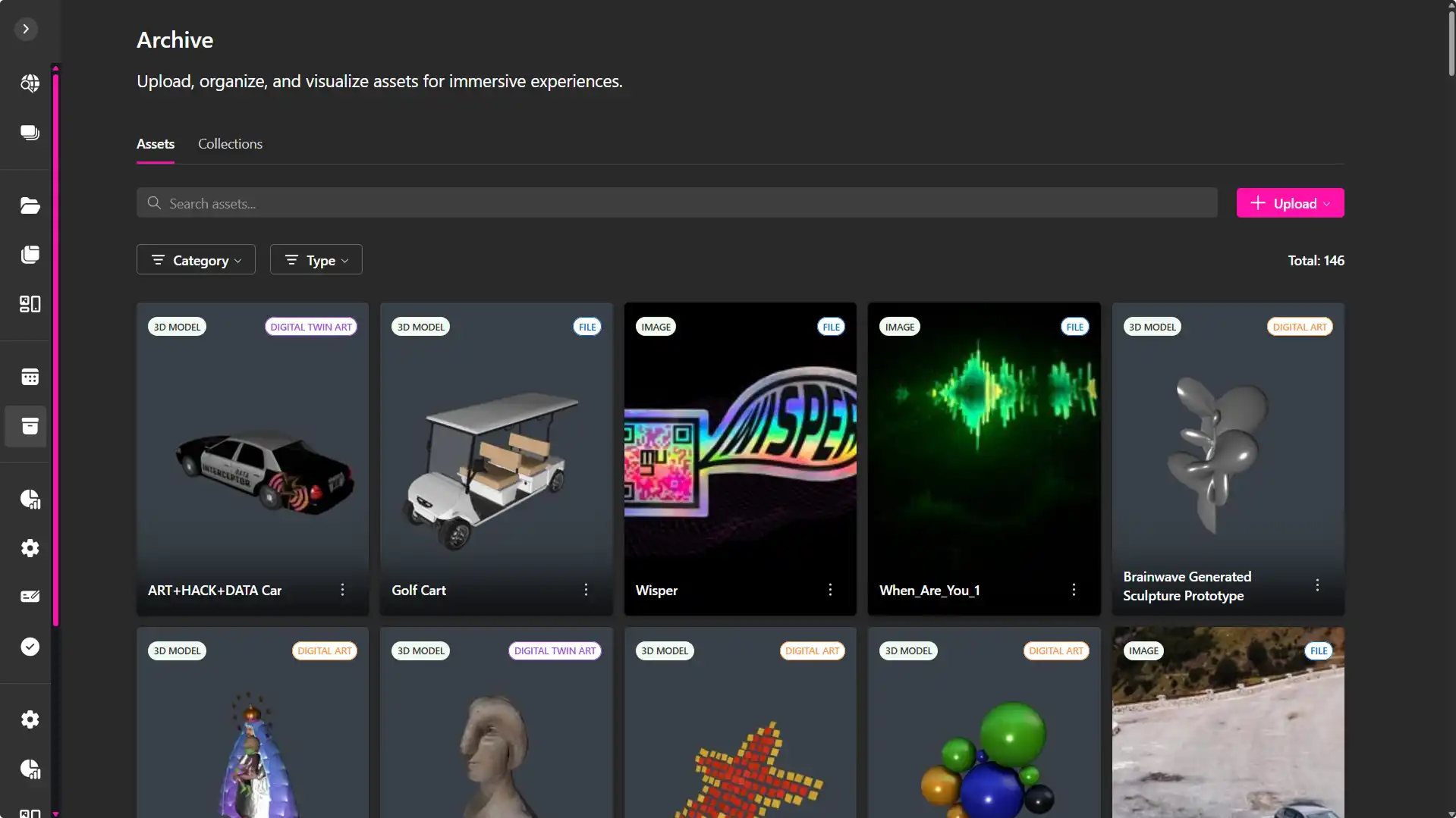 MUD Foundation XRHub Archive displaying digital assets and immersive experience resources, including 3D models, digital art, images, a Data Interceptor car, golf cart, WISper artwork, Brainwave Generated Sculpture Prototype, and other digital artworks.